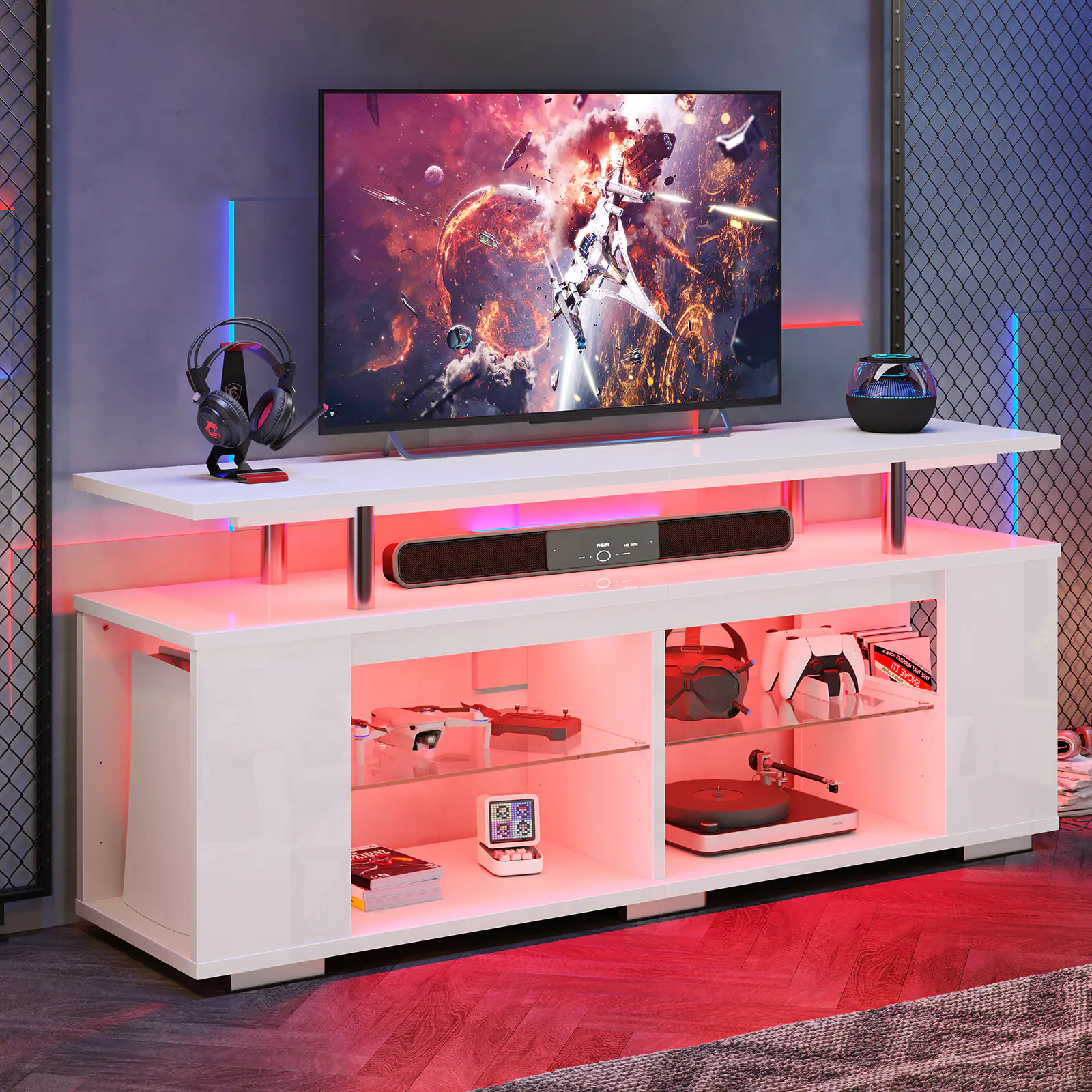 Pinmoco - 63 inch Modern TV Stand High Glossy Entertainment Center with LED Lights and PS5 Storage - Glossy White