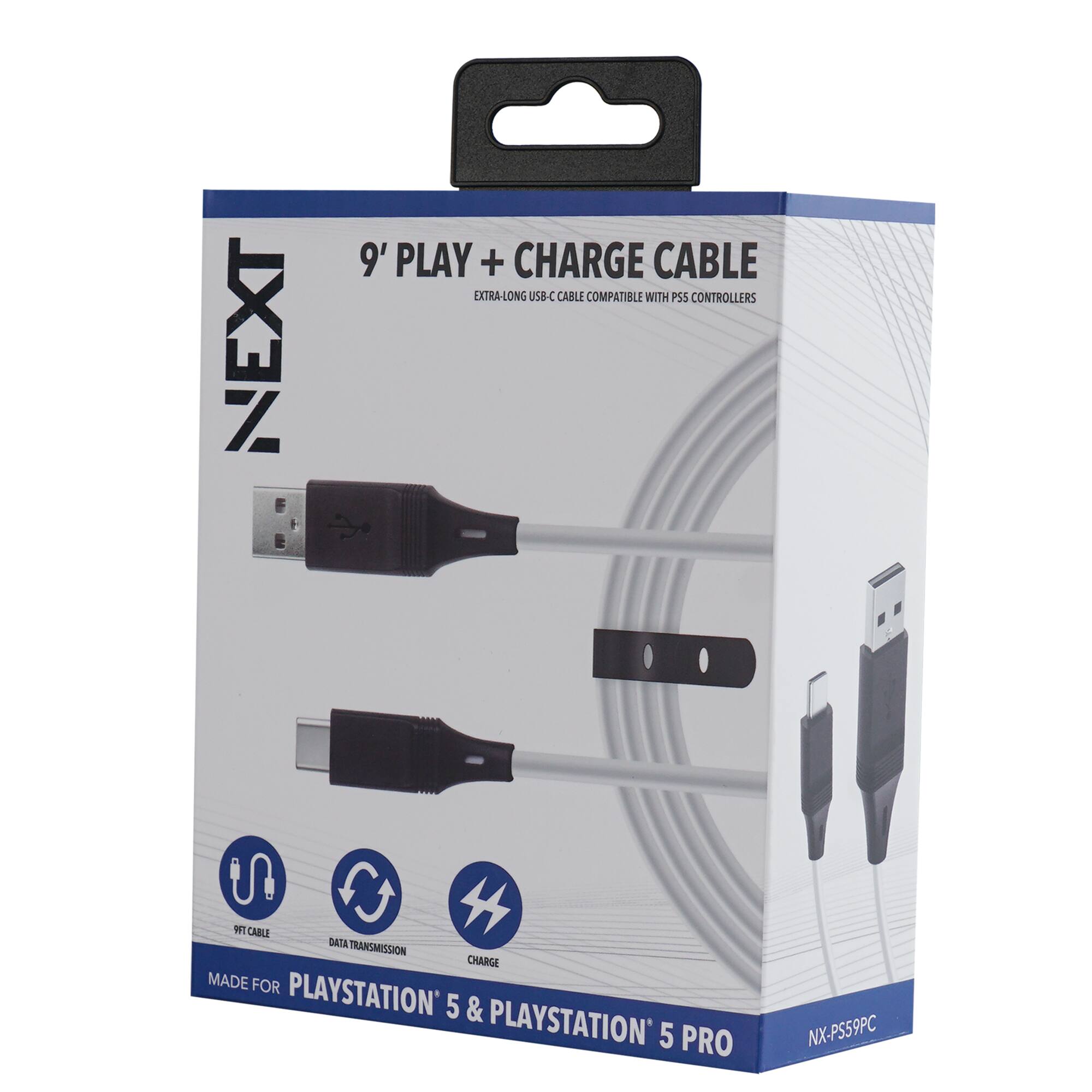 NEXT  
9' PLAY + CHARGE CABLE  
EXTRA-LONG USB-C CABLE COMPATIBLE WITH PSS CONTROLLERS  
MADE FOR PLAYSTATION 5 & PLAYSTATION 5 PRO  
NX-PS59PC  

9 FT CABLE  
DATA TRANSMISSION  
CHARGE