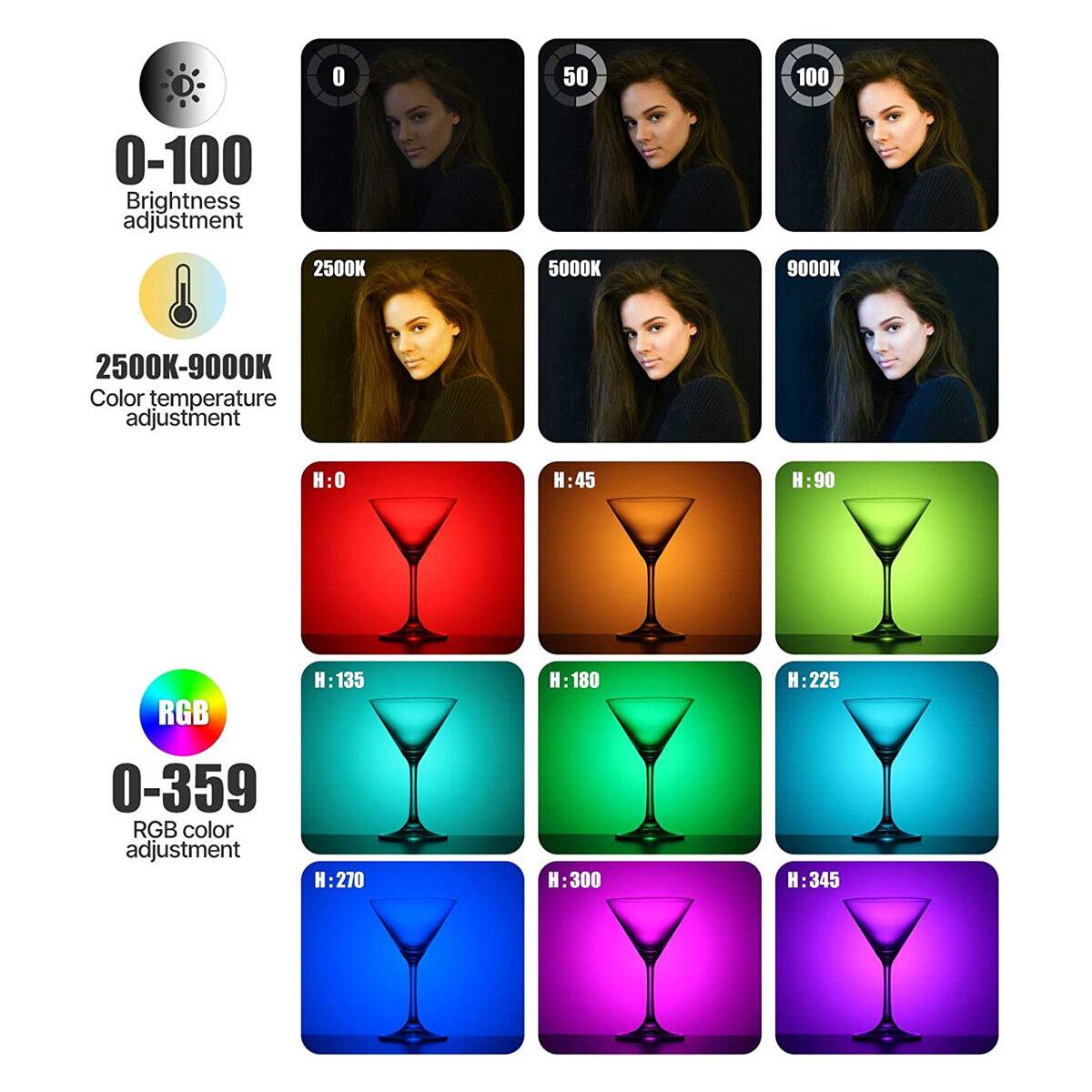 0-100 Brightness adjustment  
2500K-9000K Color temperature adjustment  
0-359 RGB color adjustment
