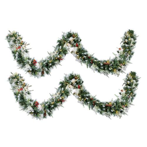 Front. Winado - 2PCS Pre-lit Snow Flocked Indoor / Outdoor 9 FT Christmas Garland, Lighted Artificial for Holiday Decoration - Snowy Green.