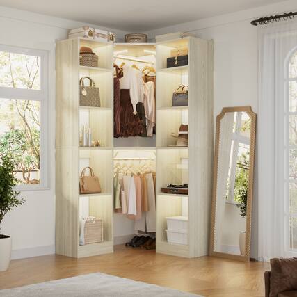 Front. Aheaplus - Corner Closet Organizer: 12-Shelf + 2 Rods, 39.2" Corner Fit, Space-Saving Design (80" H) - White Oak.