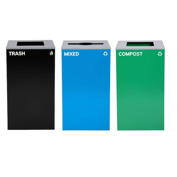 Alpine Industries - 29 Gallon Steel Open Top Recycling, Compost, Trash Can Receptacle Set, 3-Pack - Black; Blue; Green