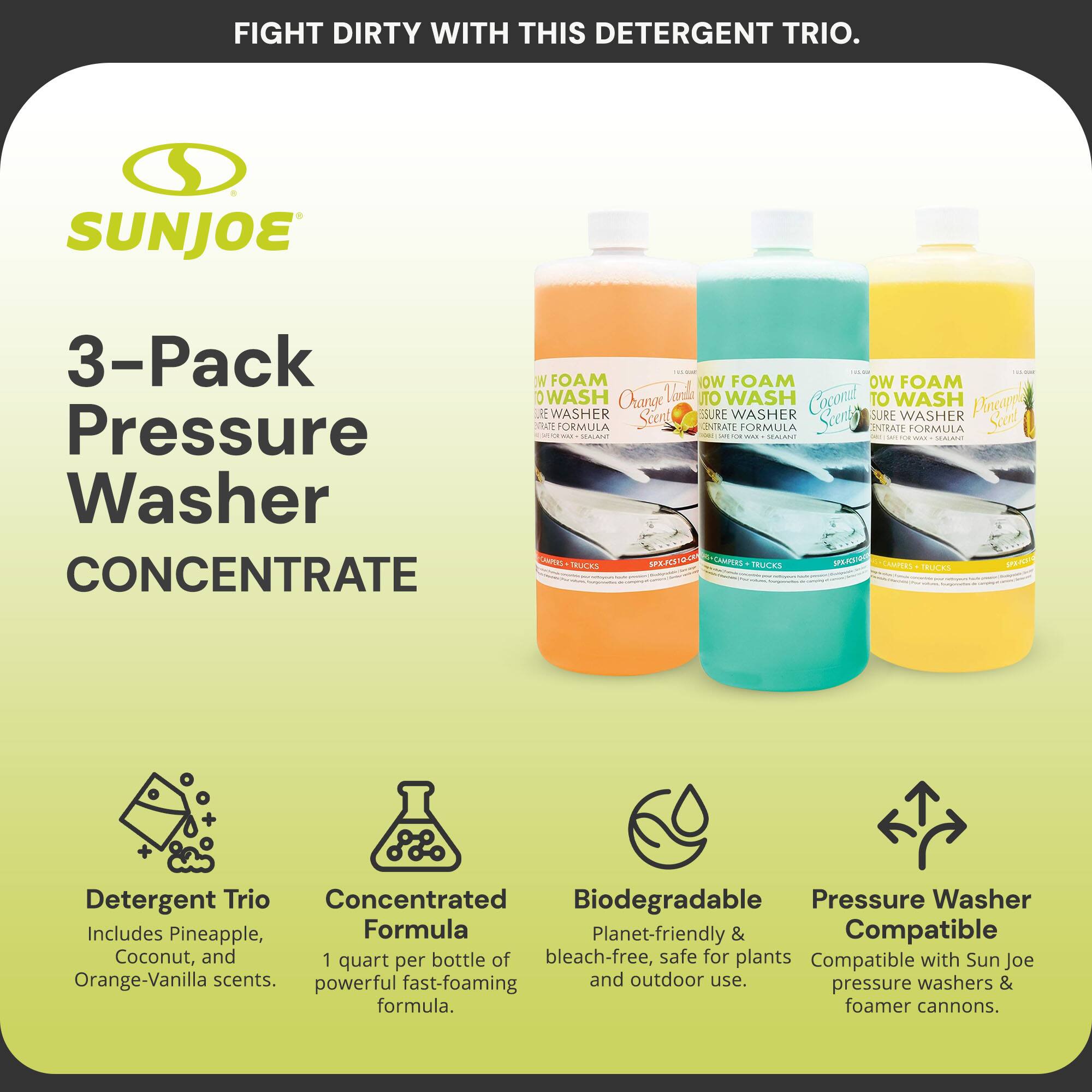 FIGHT DIRTY WITH THIS DETERGENT TRIO.

SUNJOE

3-Pack Pressure Washer CONCENTRATE

- Detergent Trio
  Includes Pineapple, Coconut, and Orange-Vanilla scents.

- Concentrated Formula
  1 quart per bottle of powerful fast-foaming formula.

- Biodegradable
  Planet-friendly & bleach-free, safe for plants and outdoor use.

- Pressure Washer Compatible
  Compatible with Sun Joe pressure washers & foamer cannons.