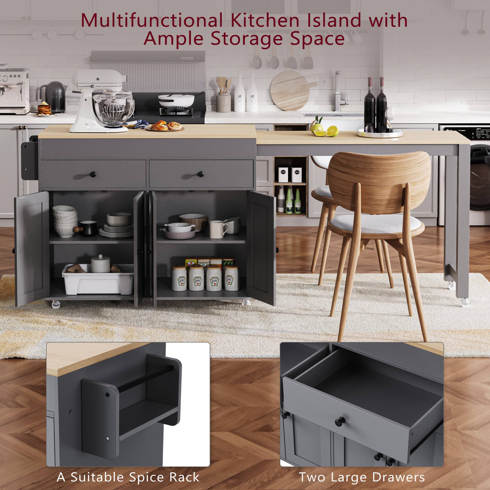 Multifunctional Kitchen Island with Ample Storage Space

A Suitable Spice Rack

Two Large Drawers