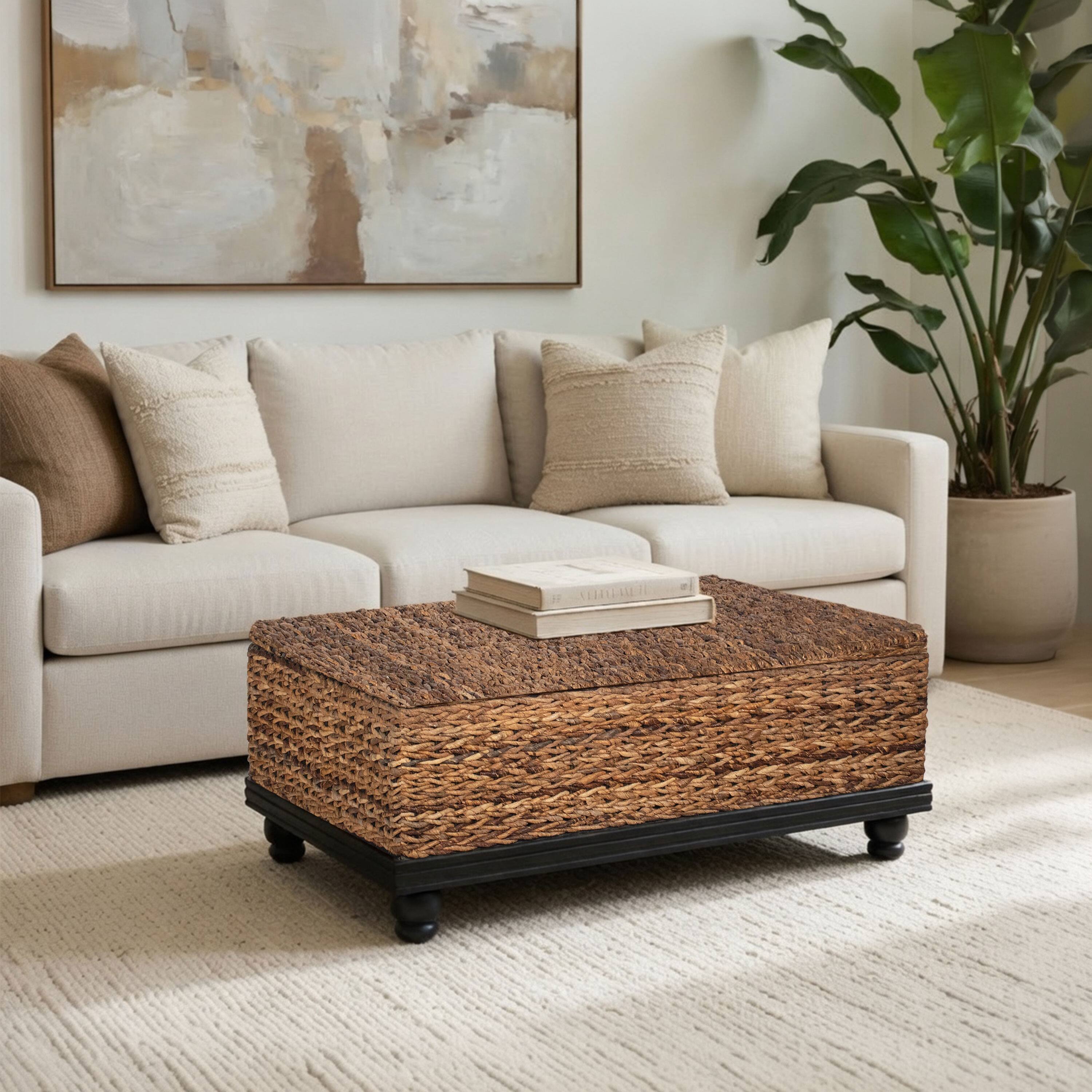Alt View 4. Manhattan Lane - Jinu 48 Inch Coffee Table with Natural Brown Woven Banana Leaf Top, Acacia Wood Base, Organic Decor - Natural Brown, Black.