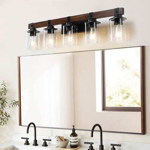 Back. LUCKY ONE - 35in Rustic 5-Light Vanity Light, Industrial Farmhouse Bathroom Sconce with Wood Accent - Walnut.