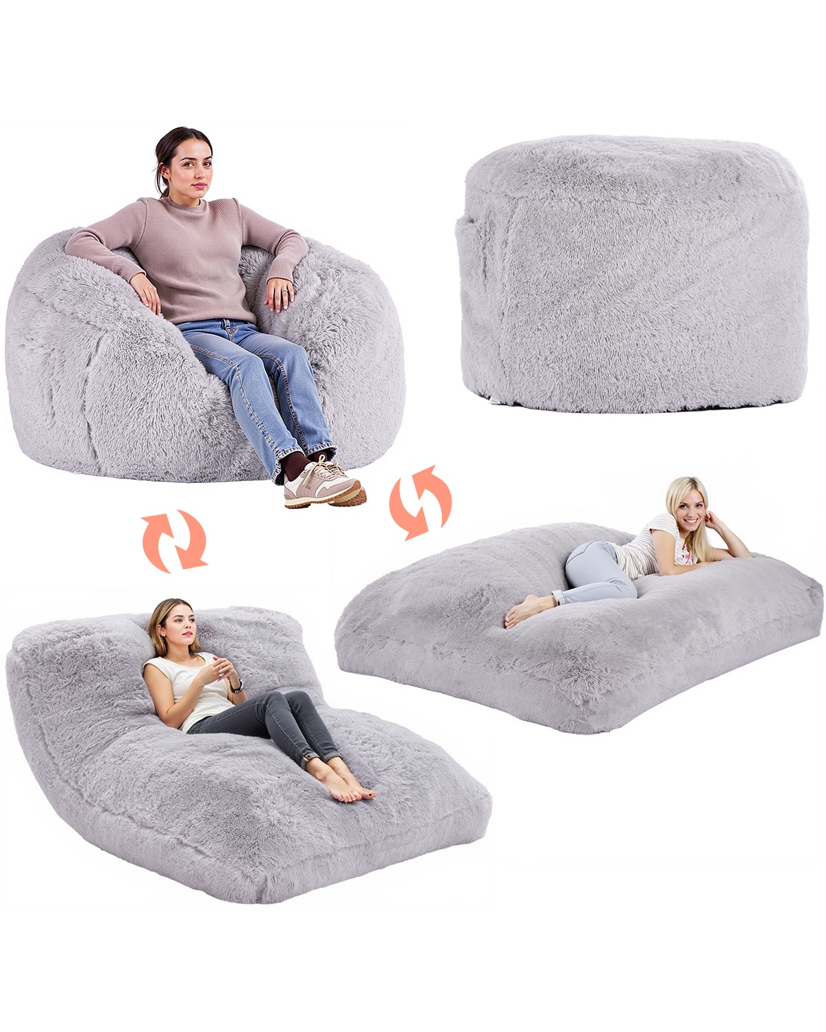 VEVOR - Bean Bag Bed Chair, Convertible Chair from BeanBag to Lounge or Mattress, Gaint Bean Bag Chair Bed with Washable Cover - Gray
