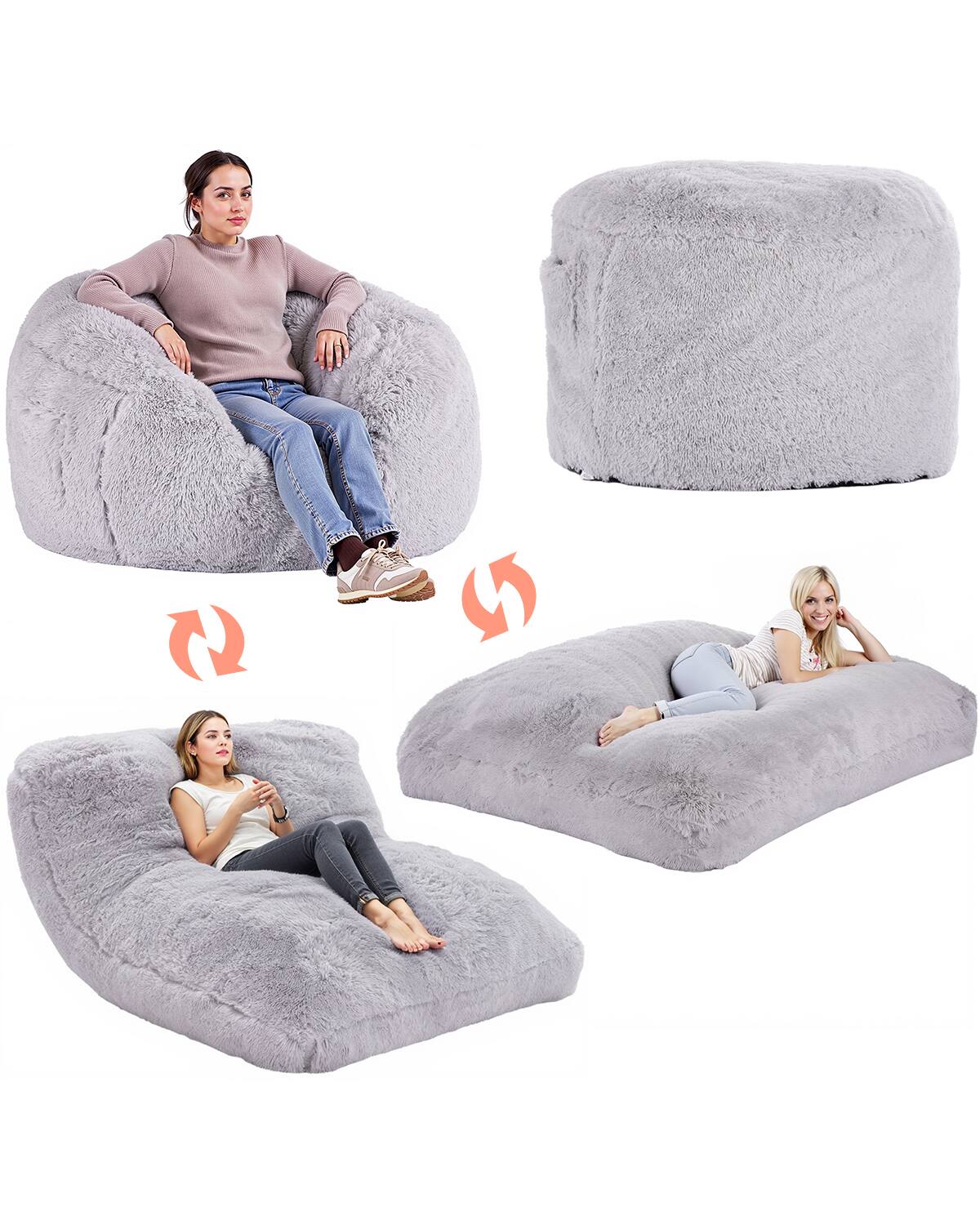 Front. VEVOR - Bean Bag Bed Chair, Convertible Chair from BeanBag to Lounge or Mattress, Gaint Bean Bag Chair Bed with Washable Cover - Gray.