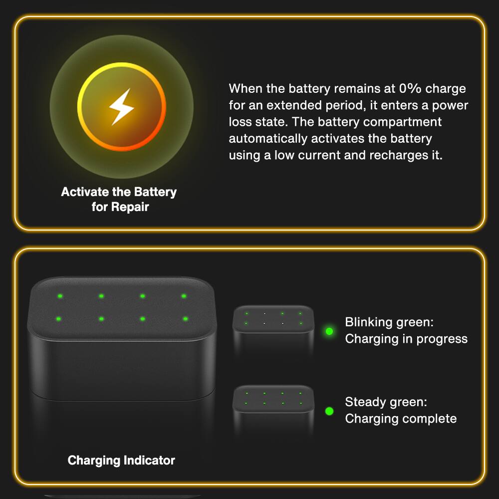 When the battery remains at 0% charge for an extended period, it enters a power loss state. The battery compartment automatically activates the battery using a low current and recharges it.

Activate the Battery for Repair

Charging Indicator

Blinking green: Charging in progress

Steady green: Charging complete