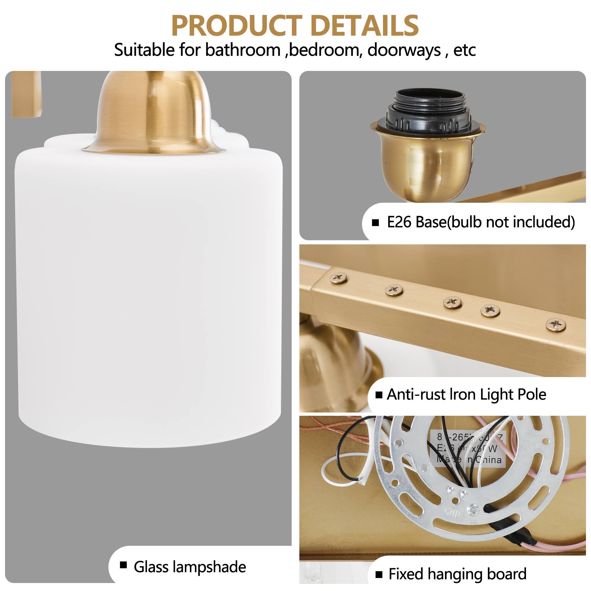**PRODUCT DETAILS**

- Suitable for bathroom, bedroom, doorways, etc
- E26 Base (bulb not included)
- Anti-rust Iron Light Pole
- Glass lampshade
- Fixed hanging board