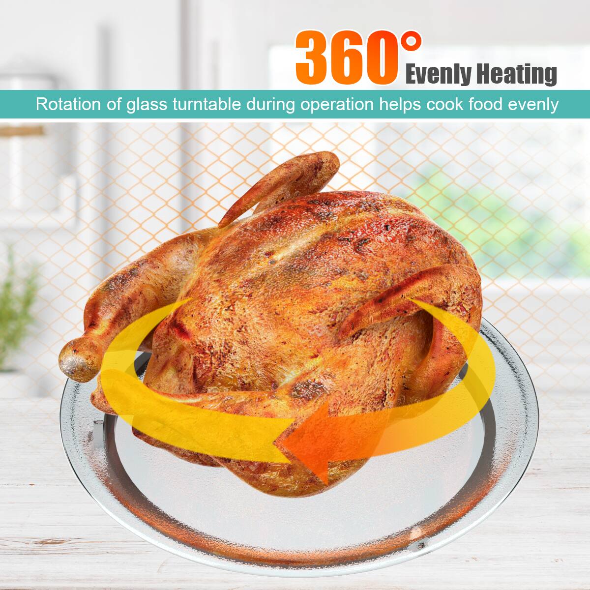 360° Evenly Heating  
Rotation of glass turntable during operation helps cook food evenly