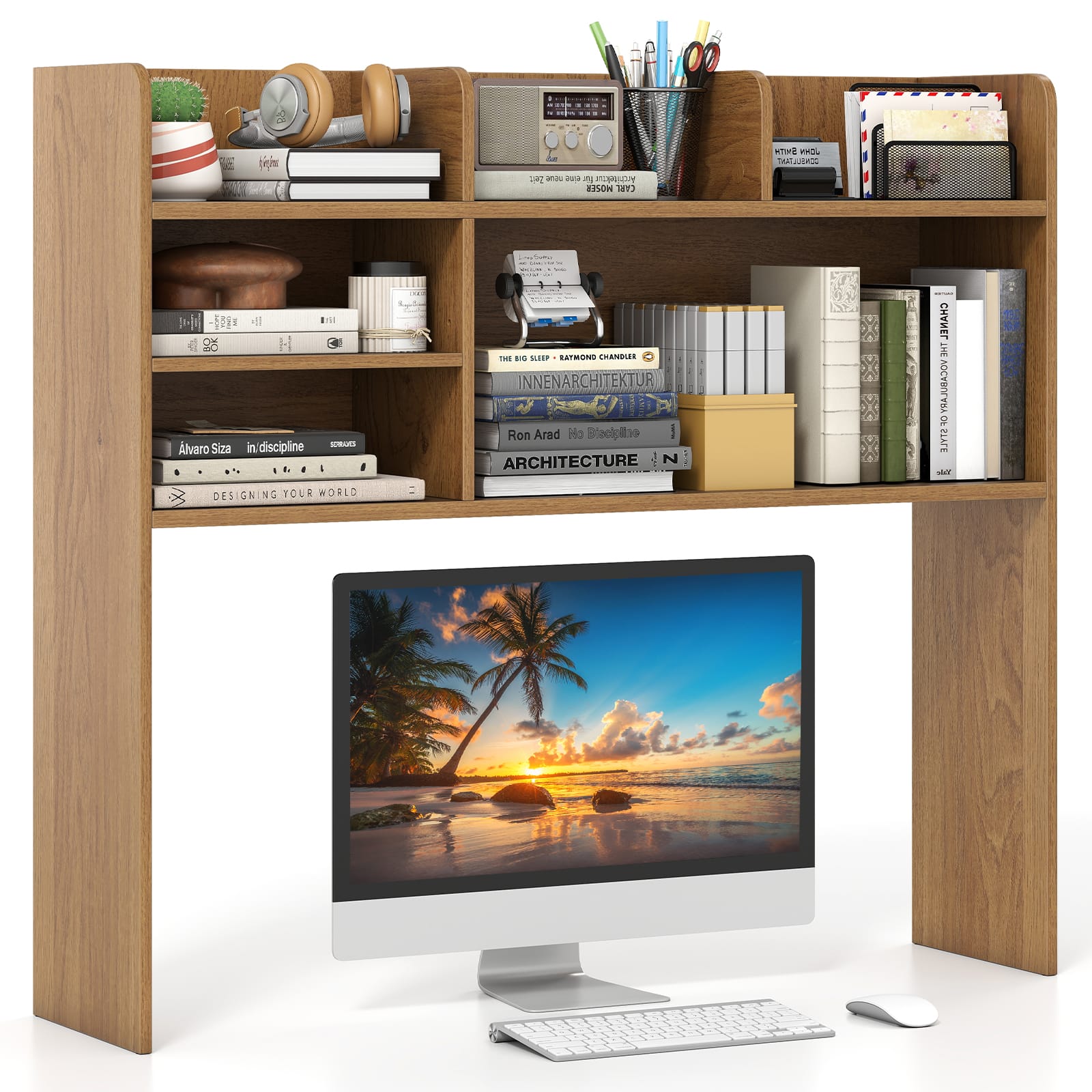Gymax - 3-Tier Desktop Bookshelf w/ 6 Shelves Desk Organizer for Computer Desk - Natural