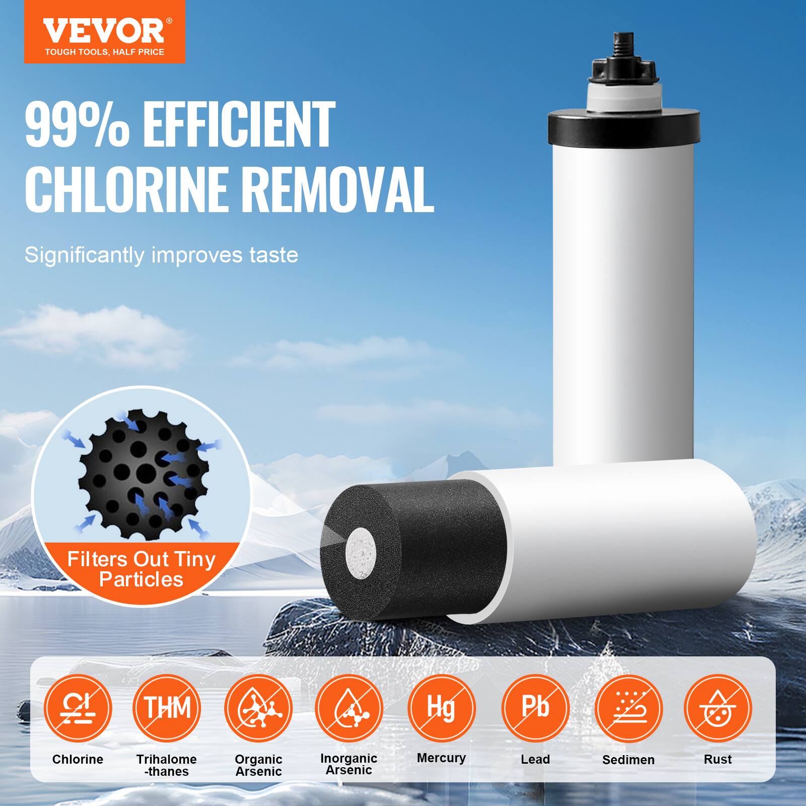 VEVOR  
TOUGH TOOLS, HALF PRICE  

99% EFFICIENT CHLORINE REMOVAL  

Significantly improves taste  

Filters Out Tiny Particles  

Chlorine  
THM  
Organic Arsenic  
Inorganic Arsenic  
Mercury  
Lead  
Sediment  
Rust