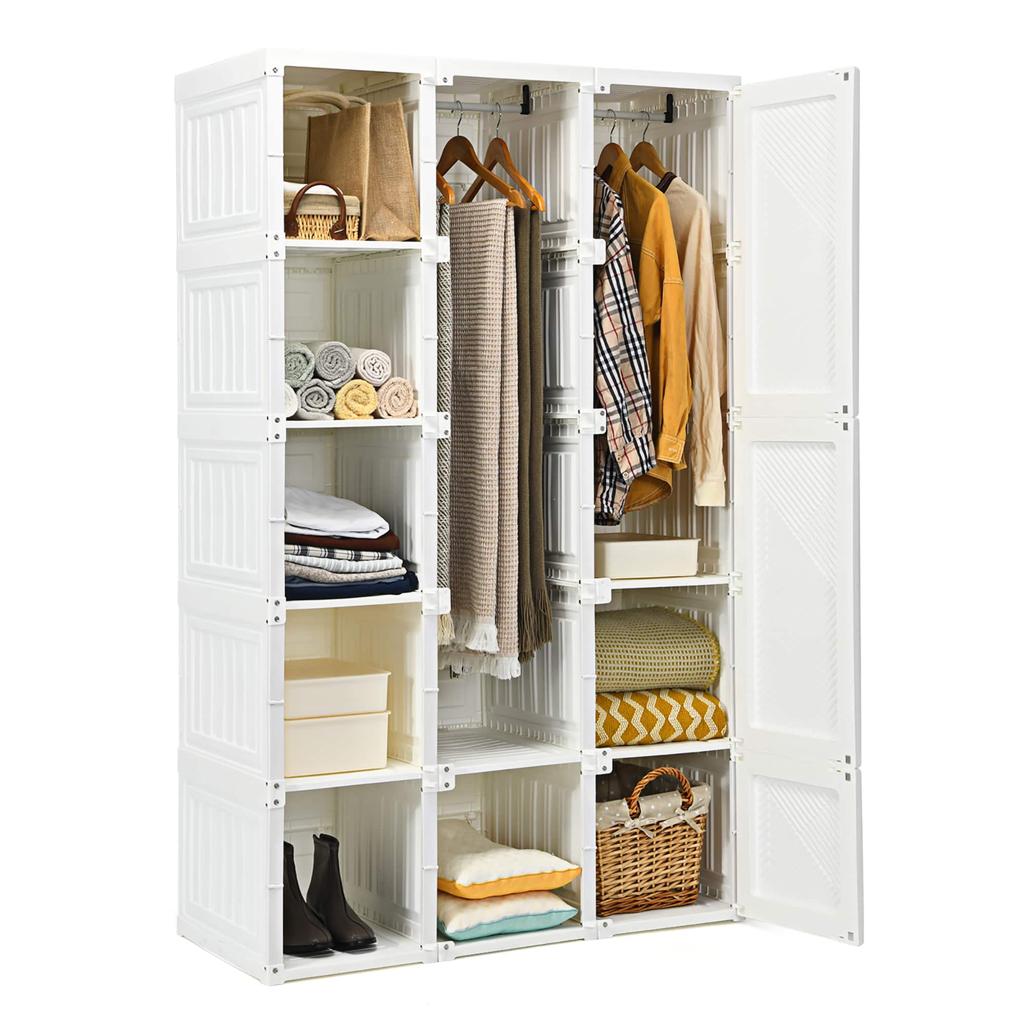 Costway - Portable Closet Clothes Modern Foldable Armoire Wardrobe Closet with 10 Cubes Hanging Rods - White