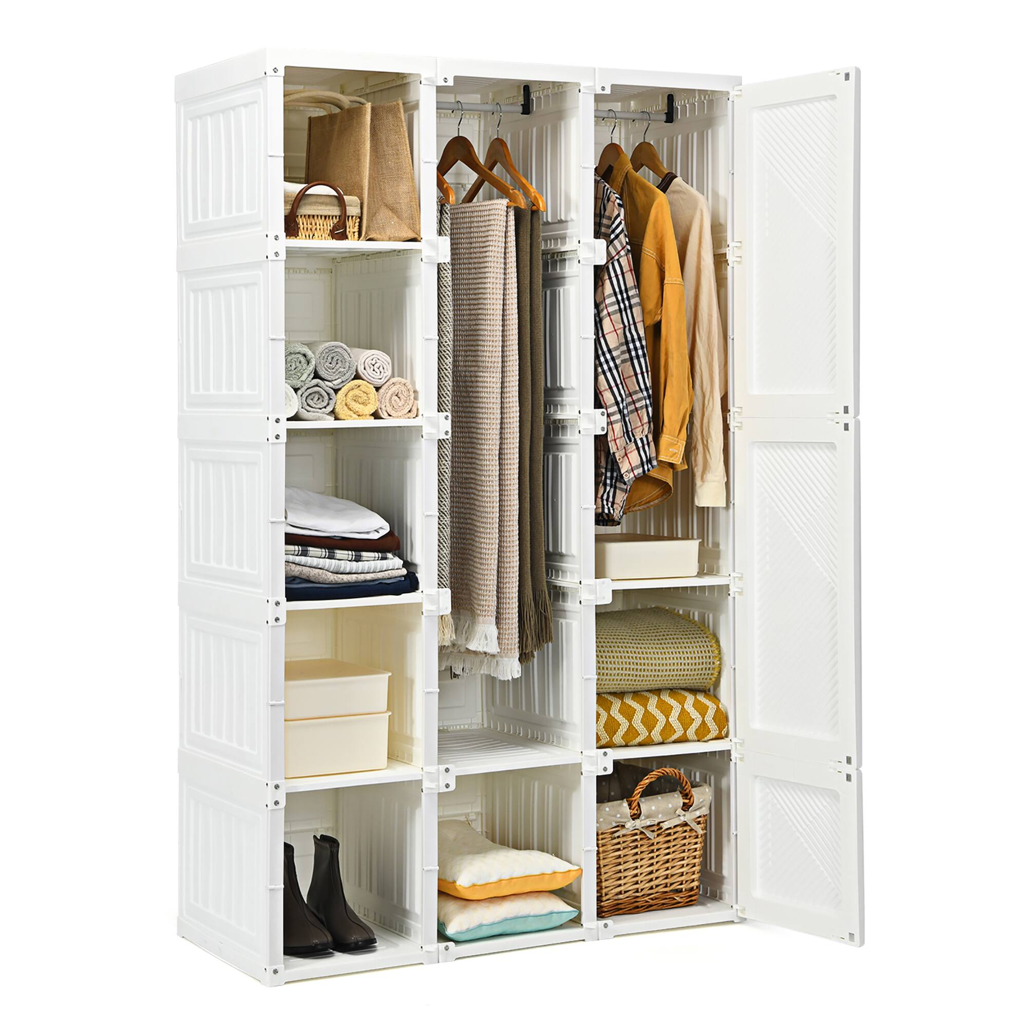 Costway - Portable Closet Clothes Modern Foldable Armoire Wardrobe Closet with 10 Cubes Hanging Rods - White
