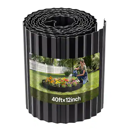 Front. VEVOR - Galvanized Steel Landscape Edging, 40 ft x 12 in Metal Edging for Landscaping with Gloves, Easy-to-Install Bendable - Black.