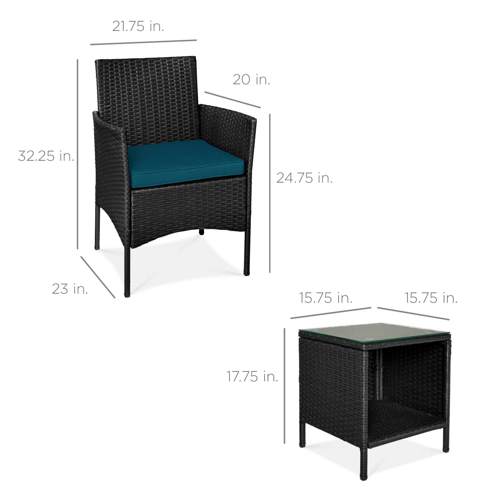 - Chair:
  - Height: 32.25 in.
  - Width: 24.75 in.
  - Depth: 23 in.
  - Seat Height: 17.75 in.
  - Back Height: 21.75 in.
  - Seat Depth: 20 in.

- Table:
  - Height: 15.75 in.
  - Width: 15.75 in.
  - Depth: 15.75 in.