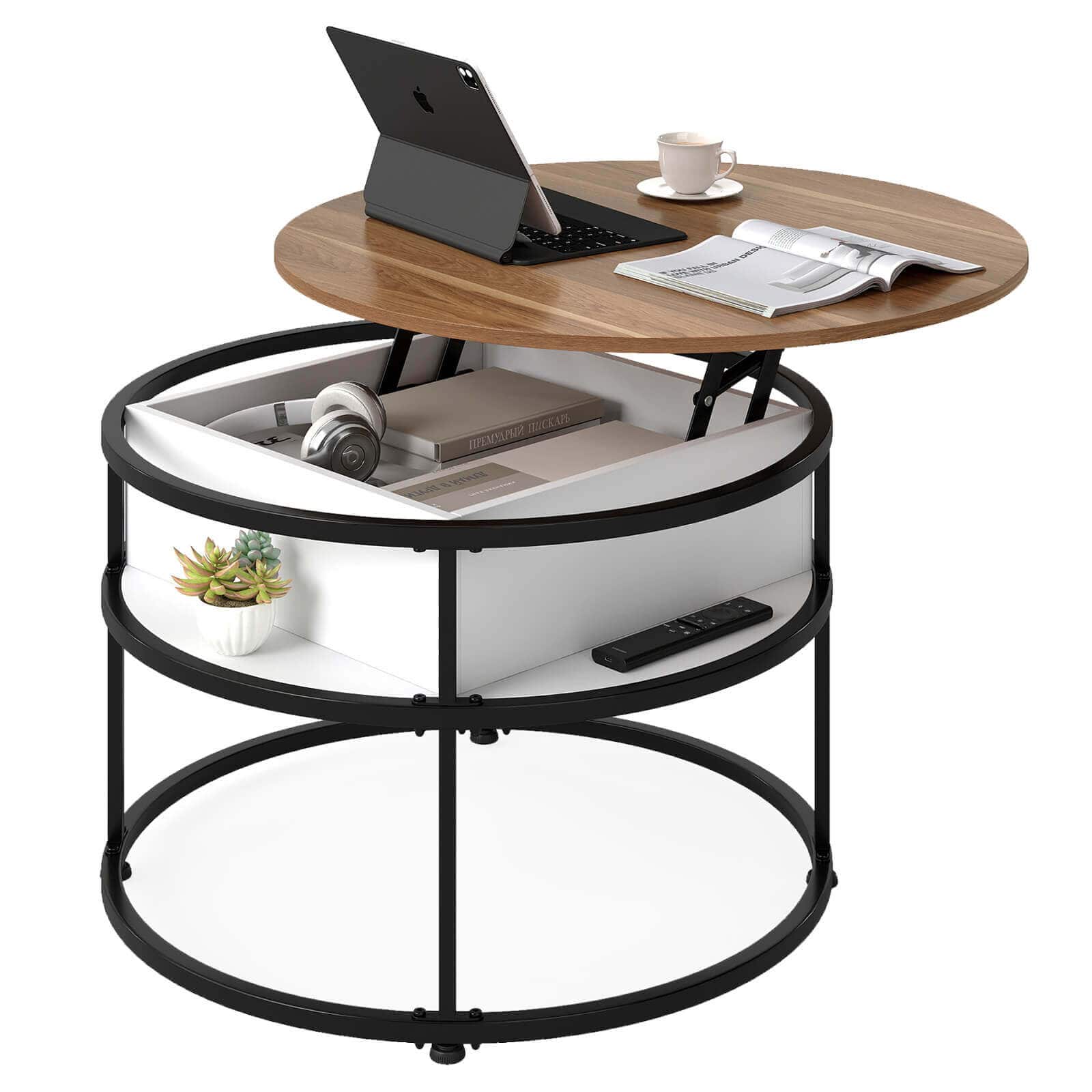 Costway - 31.5" Lift Top Coffee Table with Hidden Compartment & Side Shelves for Living Room - Teak & Black