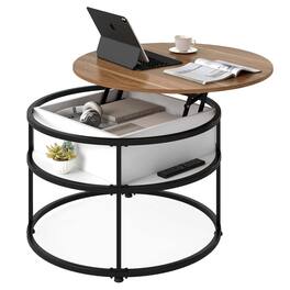 Costway - 31.5" Lift Top Coffee Table with Hidden Compartment & Side Shelves for Living Room - Teak & Black