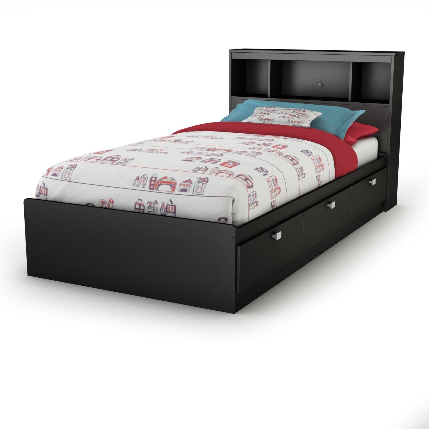 Angle. Hivvago - Twin-size Bookcase Headboard in Black Finish - Modern Design - Black.