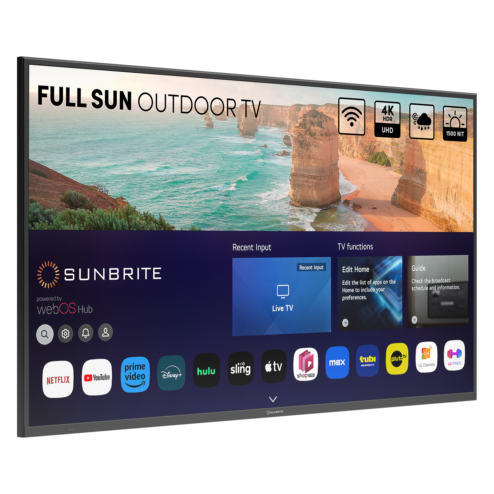 Full Sun Outdoor TV 4K HDR UHD 1500 NIT Recent Input TV functions SUNBRITE powered by webOS Hub Recent input Live TV Edit Home Edit the list of apps Of the Home to include your preferences. Guide Check the broadcast schedule and information. Netflix YouTube Prime Video Disney+ Hulu Sling TV Shopens Max Roku Pluto TV.
