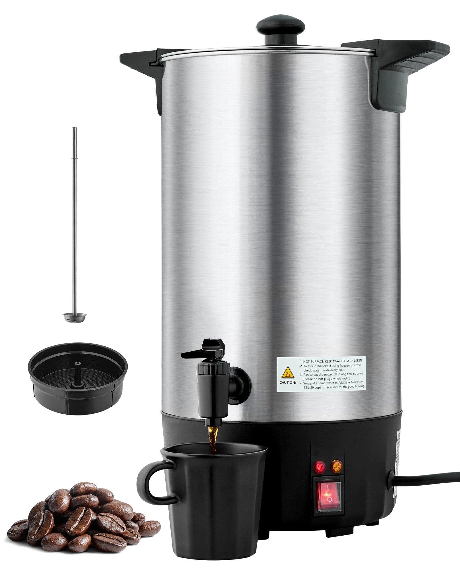 Glintex - Commercial Coffee Urn 60 Cup Large Hot Beverage Dispenser Quick Brew Stainless Steel Coffee Maker for Business Party - Silver