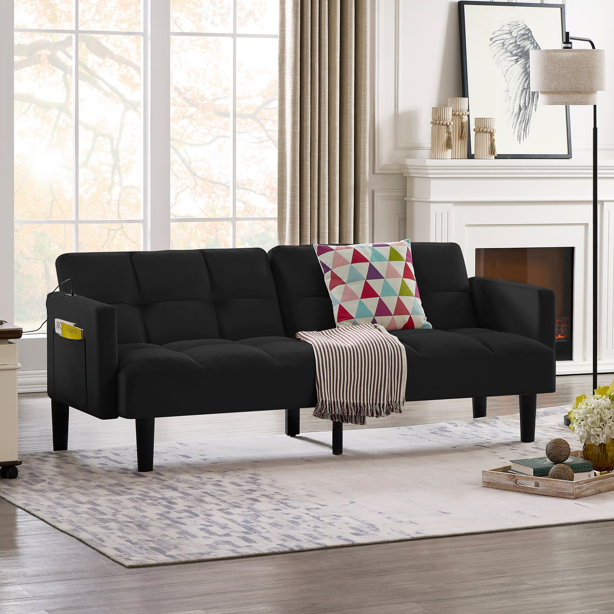 TinyHomie - Velvet Futon Couch Convertible Folding Sofa Bed Tufted Couch for Apartment - Black