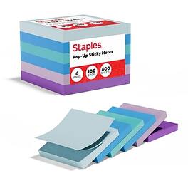 Staples - Pop-up Sticky Notes, 3" x 3", Marina Collection, 100 Sheets/Pad, 6 Pads/Pack - Assorted Watercolors