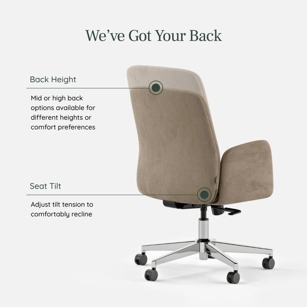 We've Got Your Back

Back Height
Mid or high back options available for different heights or comfort preferences

Seat Tilt
Adjust tilt tension to comfortably recline