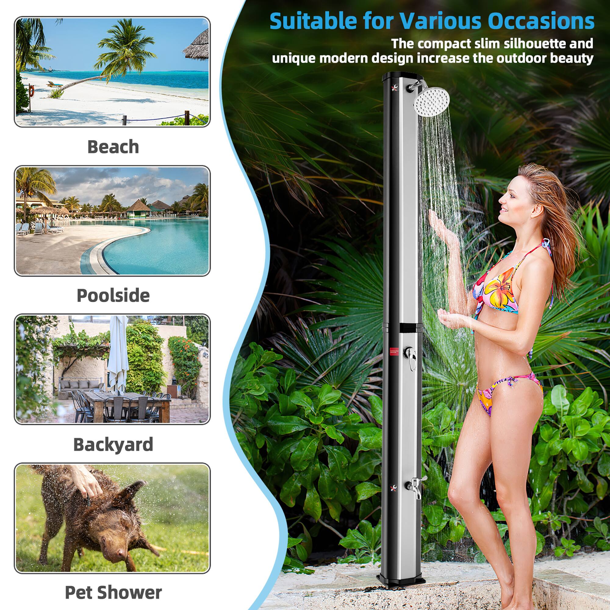 Alt View 7. Costway - Costway 7.2 FT 9.3 Gallon Solar Heated Shower w/ Adjustable Head & Foot Tap Spigot - Black/Silver.