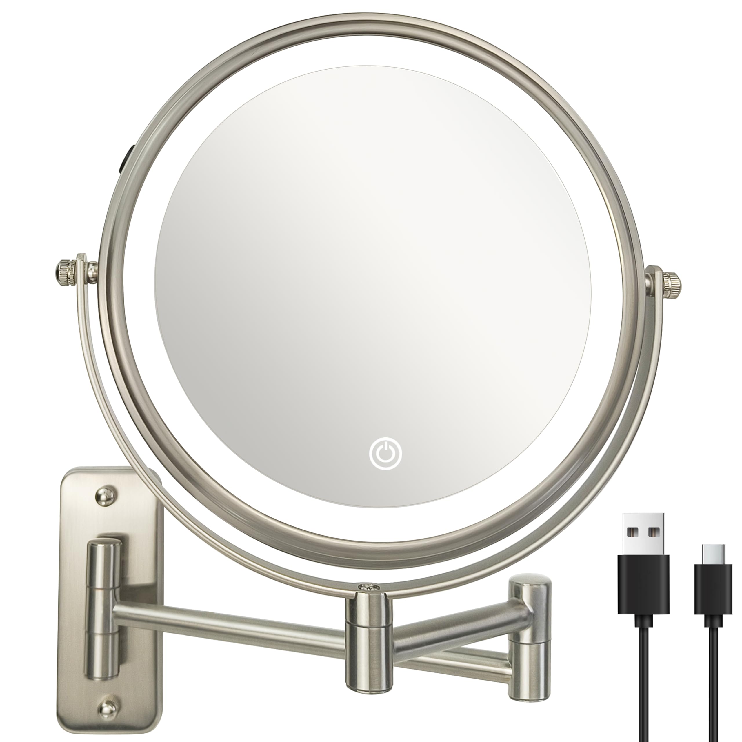 Front. HM 1810 - Wall Mounted Lighted Makeup Mirror Rechargeable Double Sided Magnifying With Color Lights Touch Dimmable Ba - Brushed Nickel.