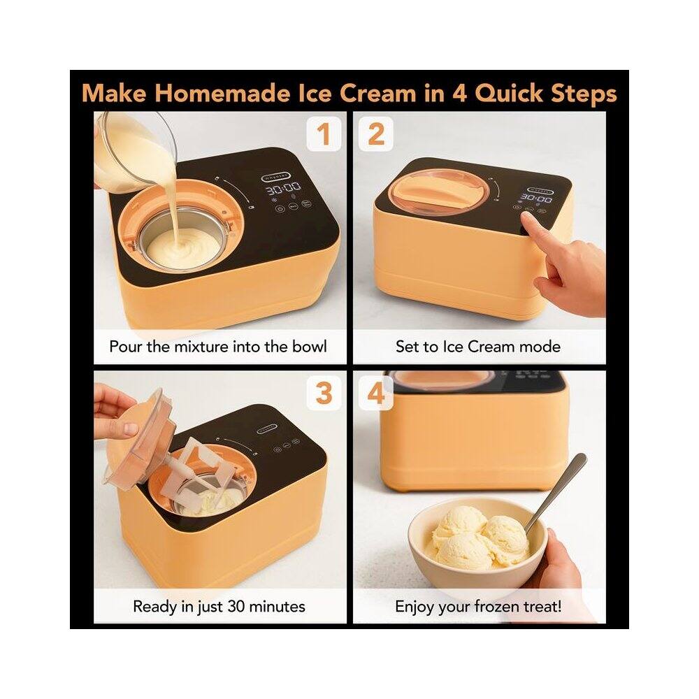 Make Homemade Ice Cream in 4 Quick Steps

1. Pour the mixture into the bowl
2. Set to Ice Cream mode
3. Ready in just 30 minutes
4. Enjoy your frozen treat!