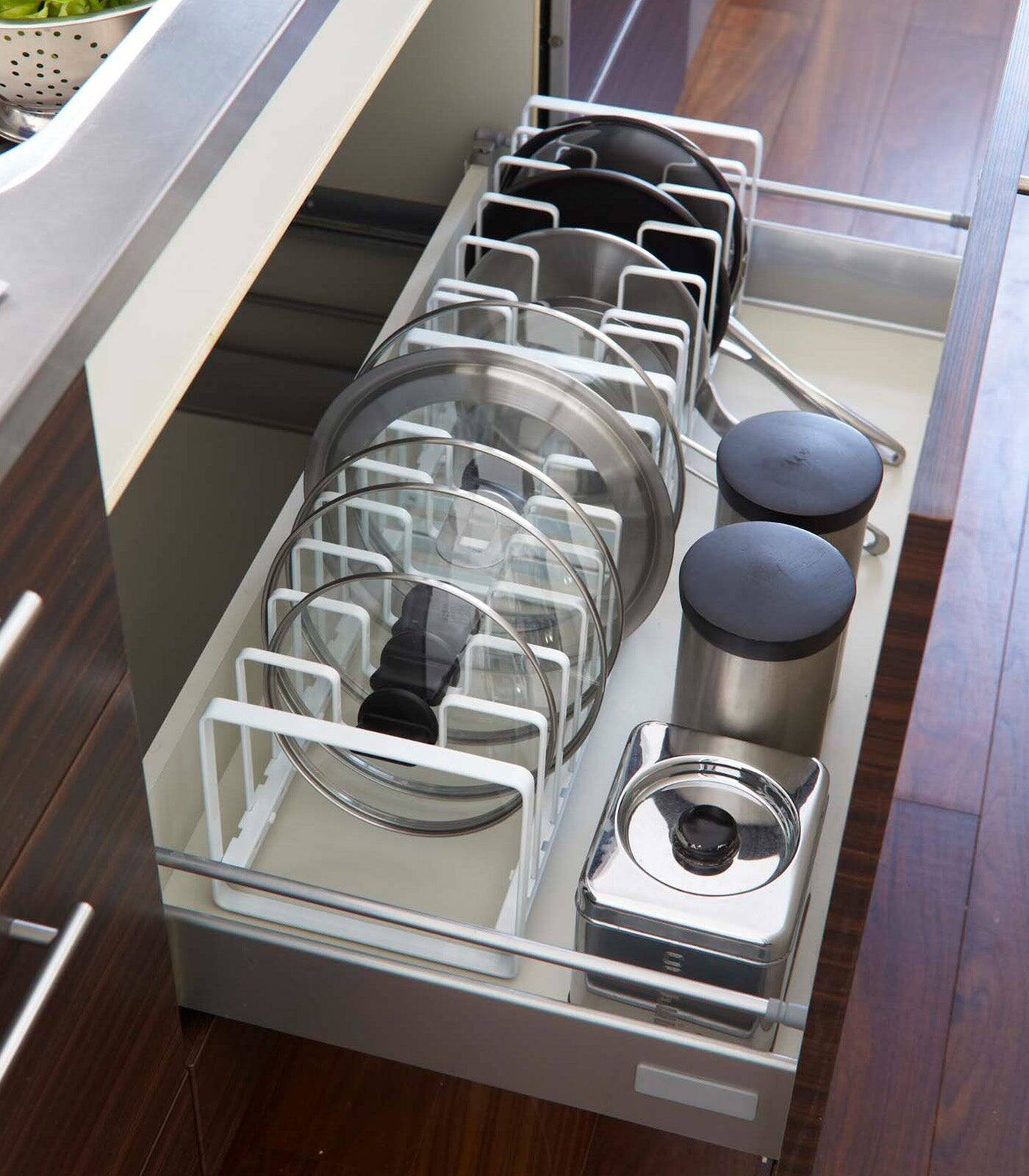 Alt View 1. Yamazaki Home - Adjustable Pot Lid and Frying Pan Organizer - Steel - White.