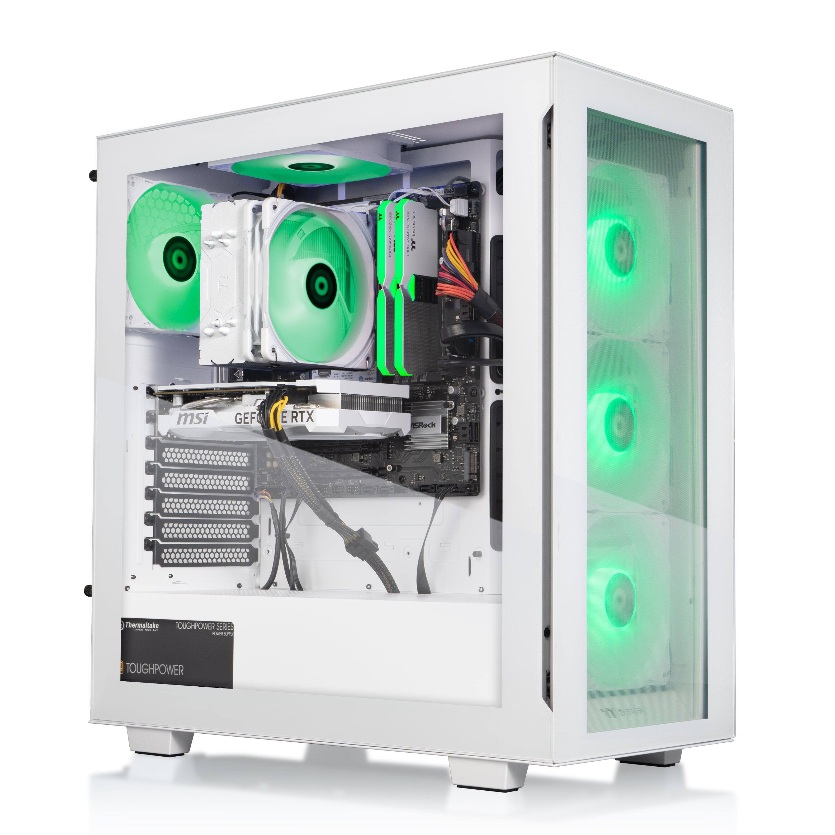 The image shows a white computer tower with a green light on the front. The tower is equipped with two green fans and a green light on the front, and it appears to be a gaming computer. The fans are located on the left and right sides of the tower, and the green light is situated in the middle. The computer tower is likely designed to provide efficient cooling and a visually appealing aesthetic for gamers and other users.