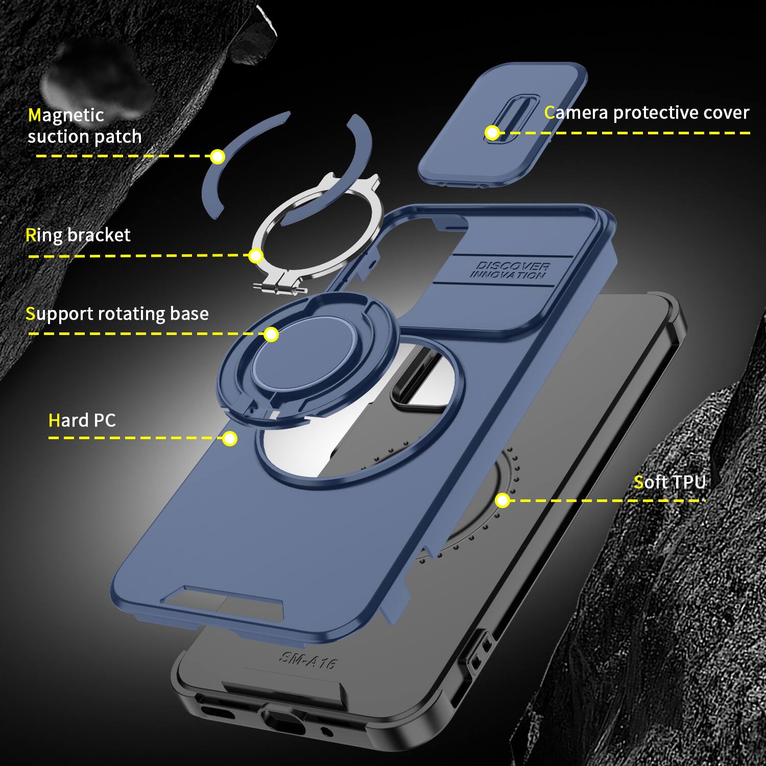 Magnetic suction patch  
Camera protective cover  
Ring bracket  
Support rotating base  
Hard PC  
Soft TPU  
SM-A16