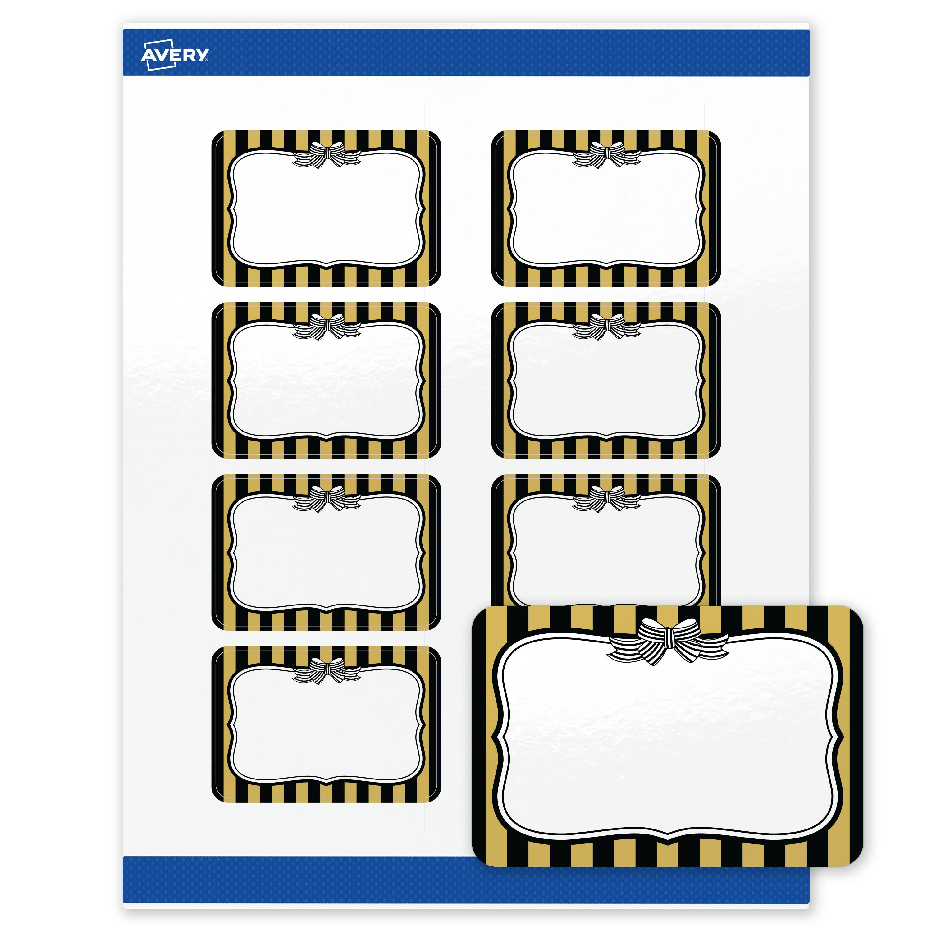 Front. Avery - Avery Labels, 2" x 3", Glossy White, Gold & Black Stripes/Bow - White.