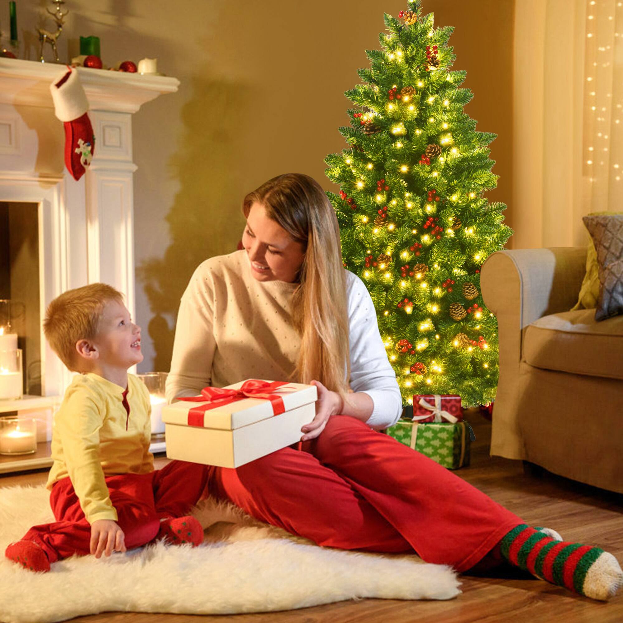 Alt View 3. Gymax - Gymax 4.5FT Pre-Lit Christmas Tree Hinged Artificial Tree Indoor w/ LED Lights - Green.