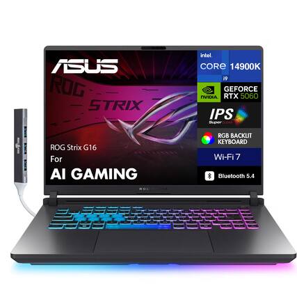 ASUS ROG Strix G16 For AI Gaming
Intel Core i9 14900K
NVIDIA GeForce RTX 5060
IPS Super Clear
RGB Backlit Keyboard
Wi-Fi 7
Bluetooth 5.4