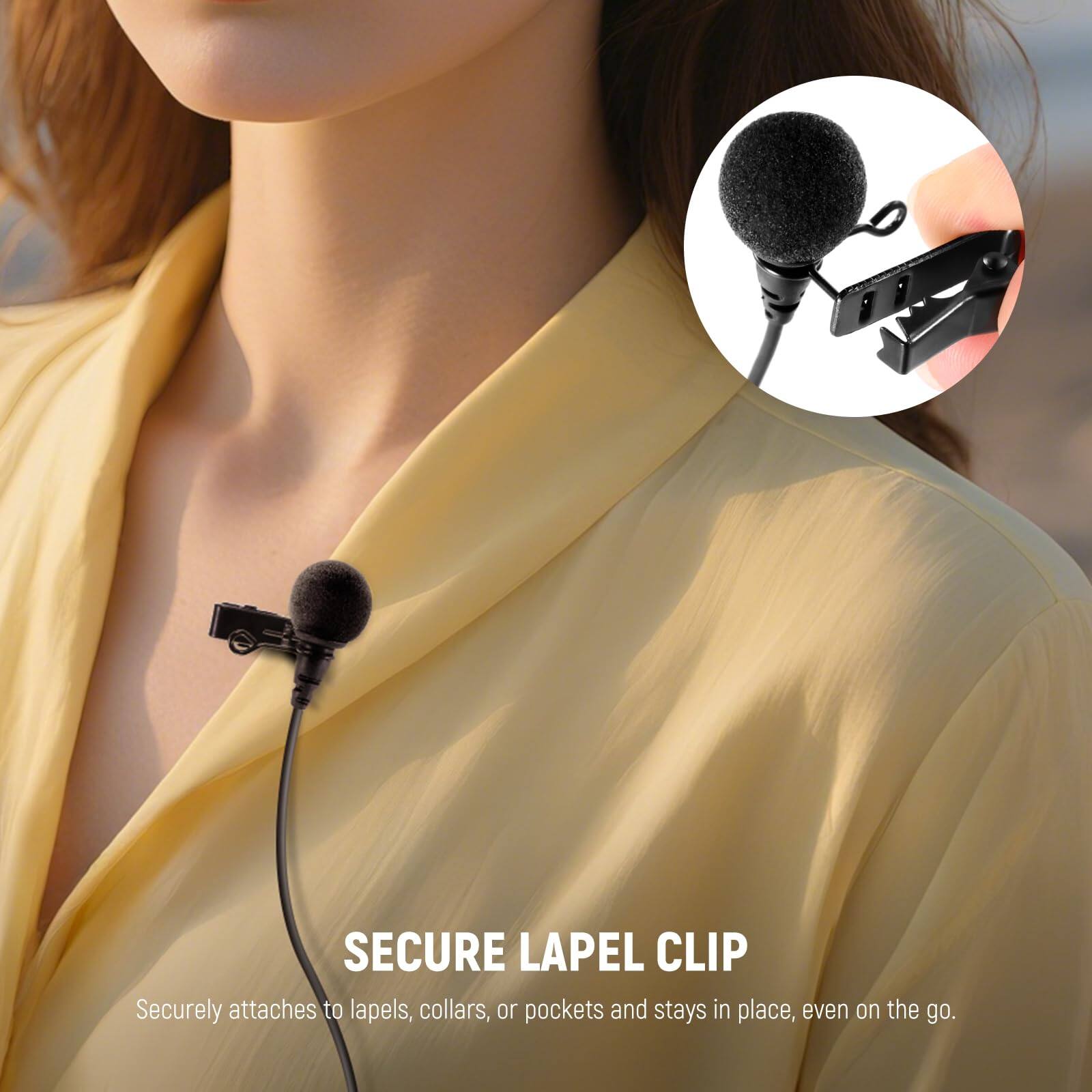 SECURE LAPEL CLIP  
Securely attaches to lapels, collars, or pockets and stays in place, even on the go.