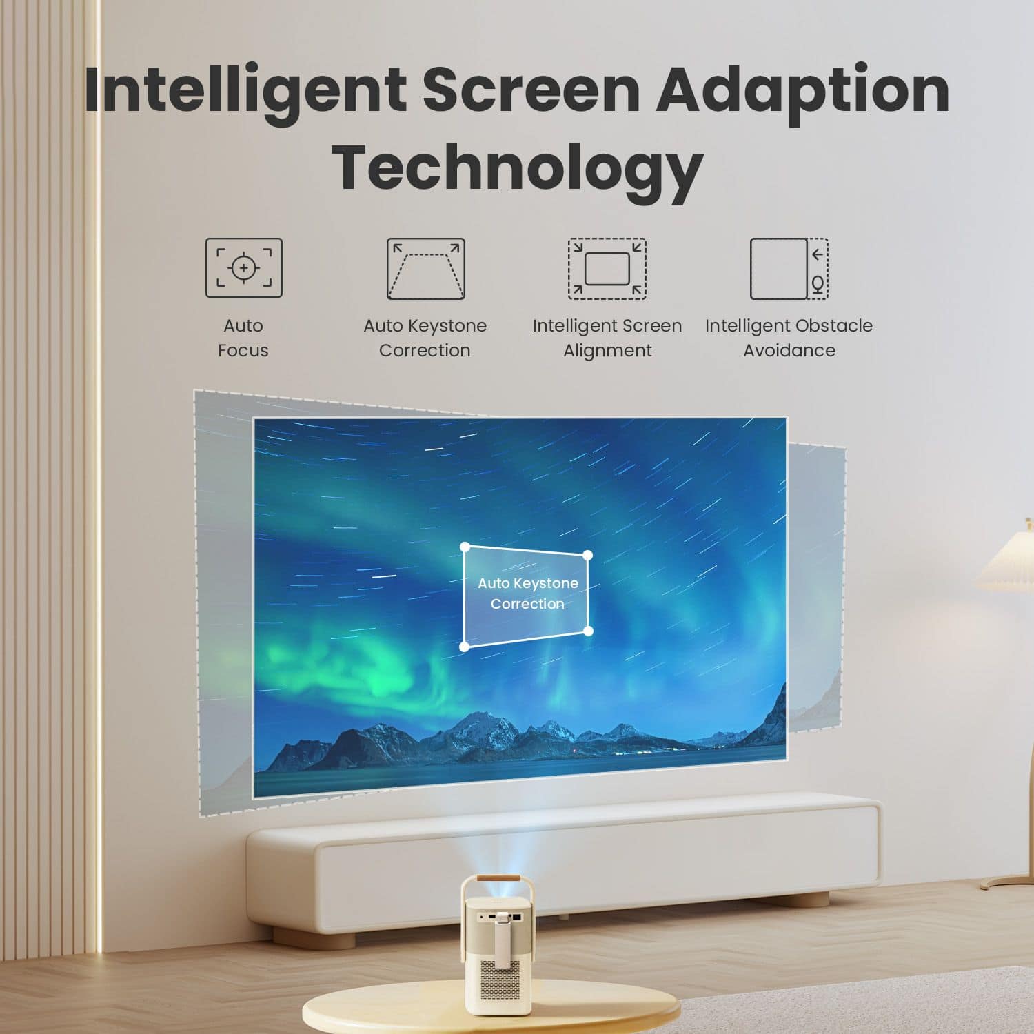 Intelligent Screen Adaptation Technology
- Auto Focus
- Auto Keystone Correction
- Intelligent Screen Alignment
- Intelligent Obstacle Avoidance
Auto Keystone Correction