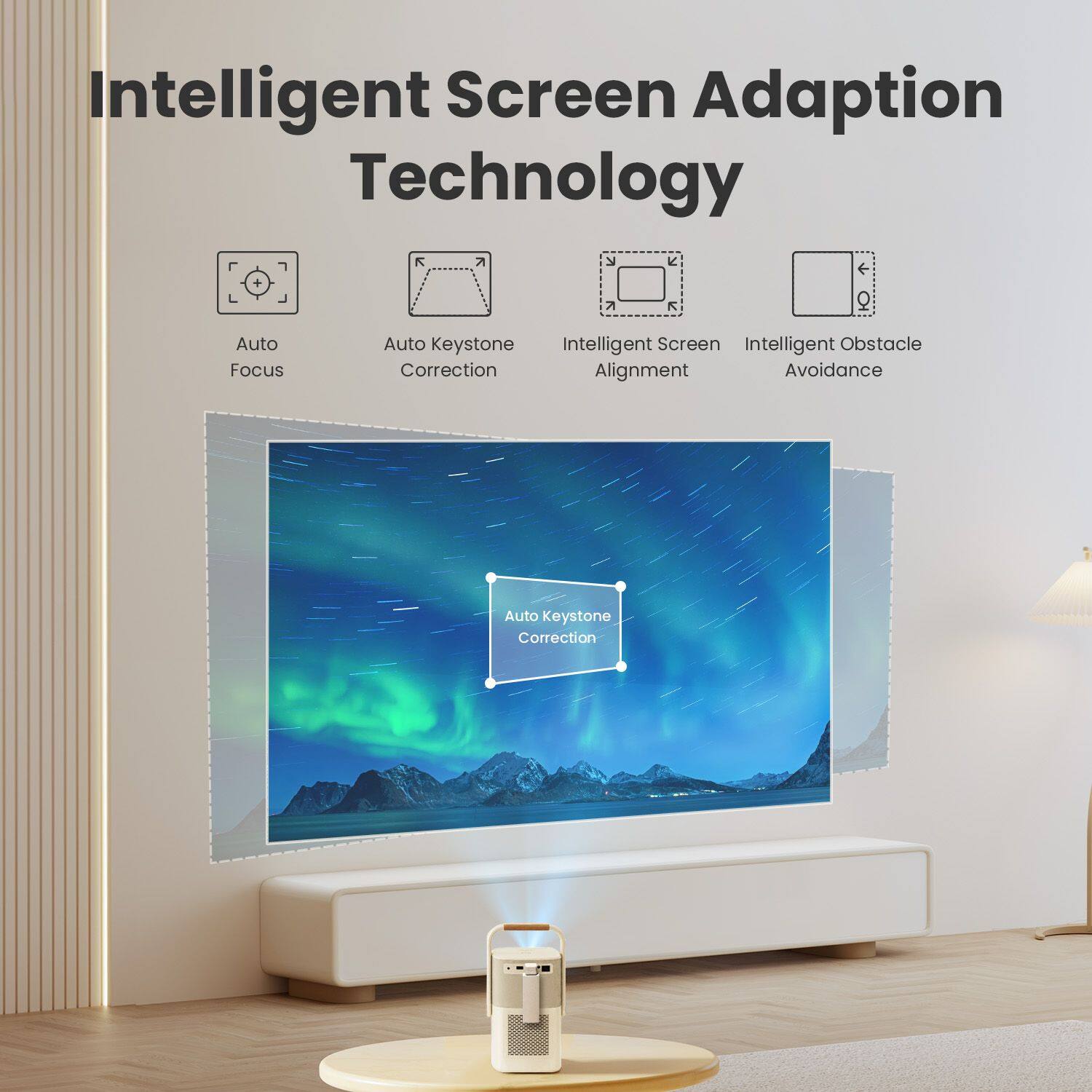 Intelligent Screen Adaptation Technology

- Auto Focus
- Auto Keystone Correction
- Intelligent Screen Alignment
- Intelligent Obstacle Avoidance

Auto Keystone Correction