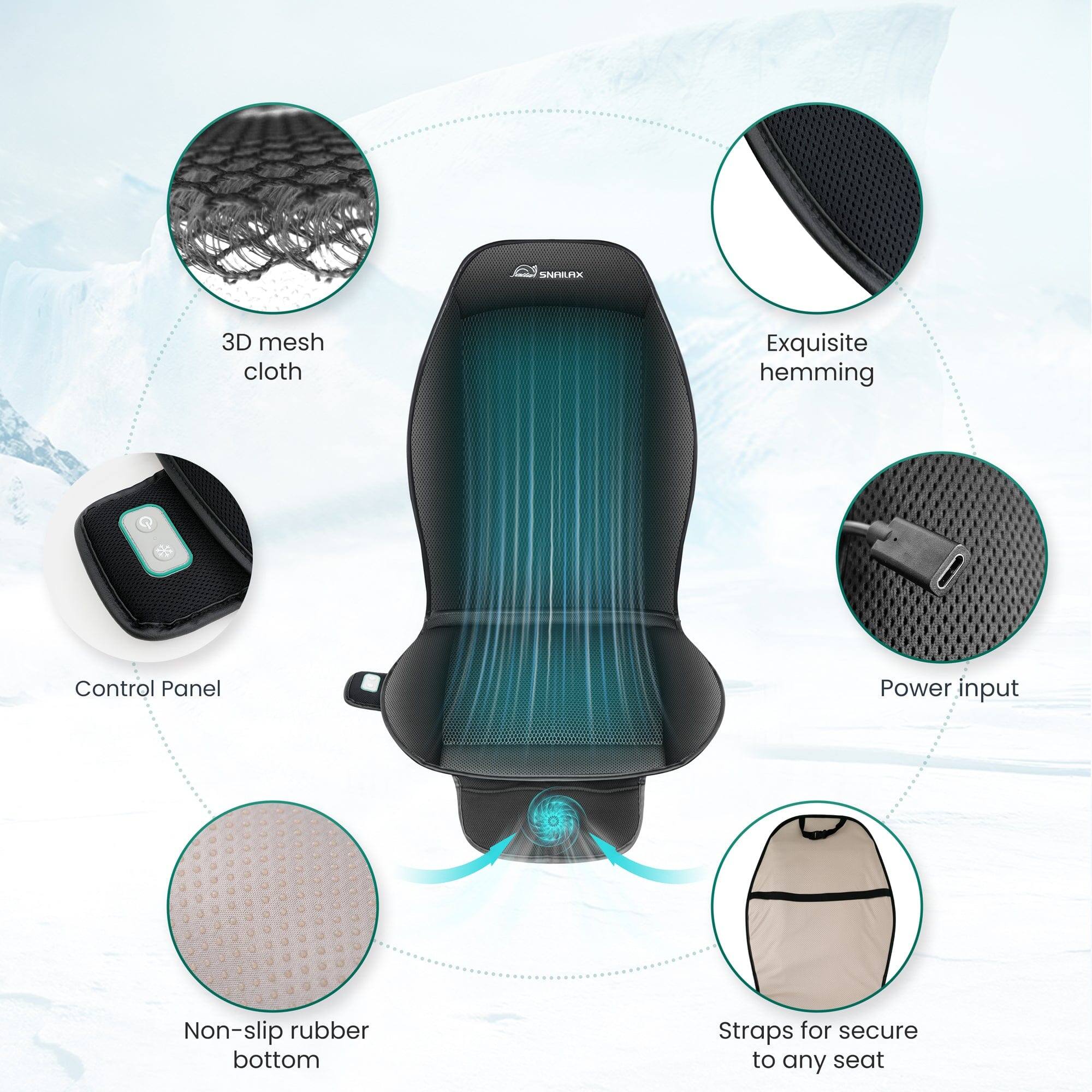 3D mesh cloth, Exquisite hemming, Control Panel, Power input, Non-slip rubber bottom, Straps for secure to any seat