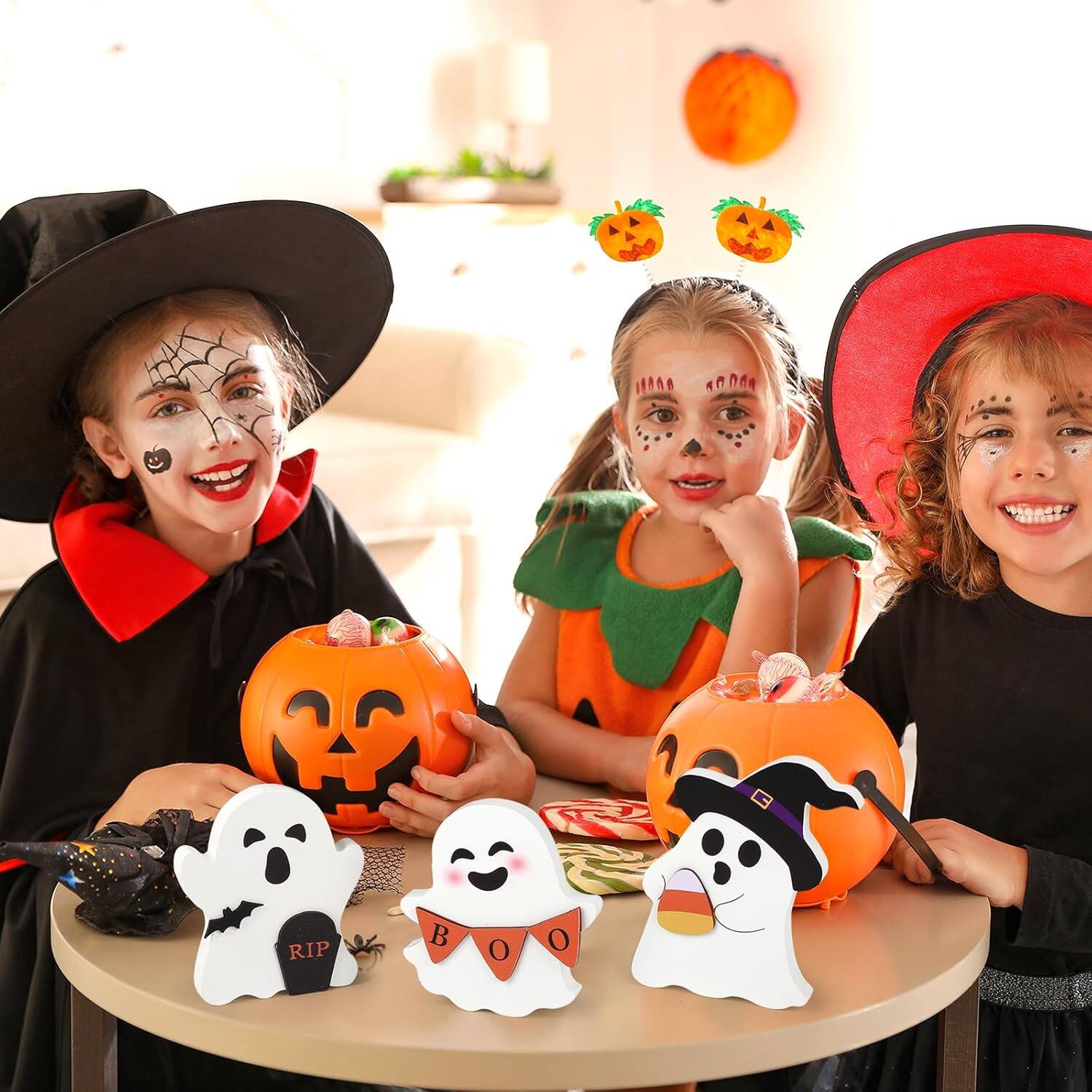 Left. Sunoyar - Halloween Wooden Ghost Tiered Tray Decorations 3 Piece Set - White.