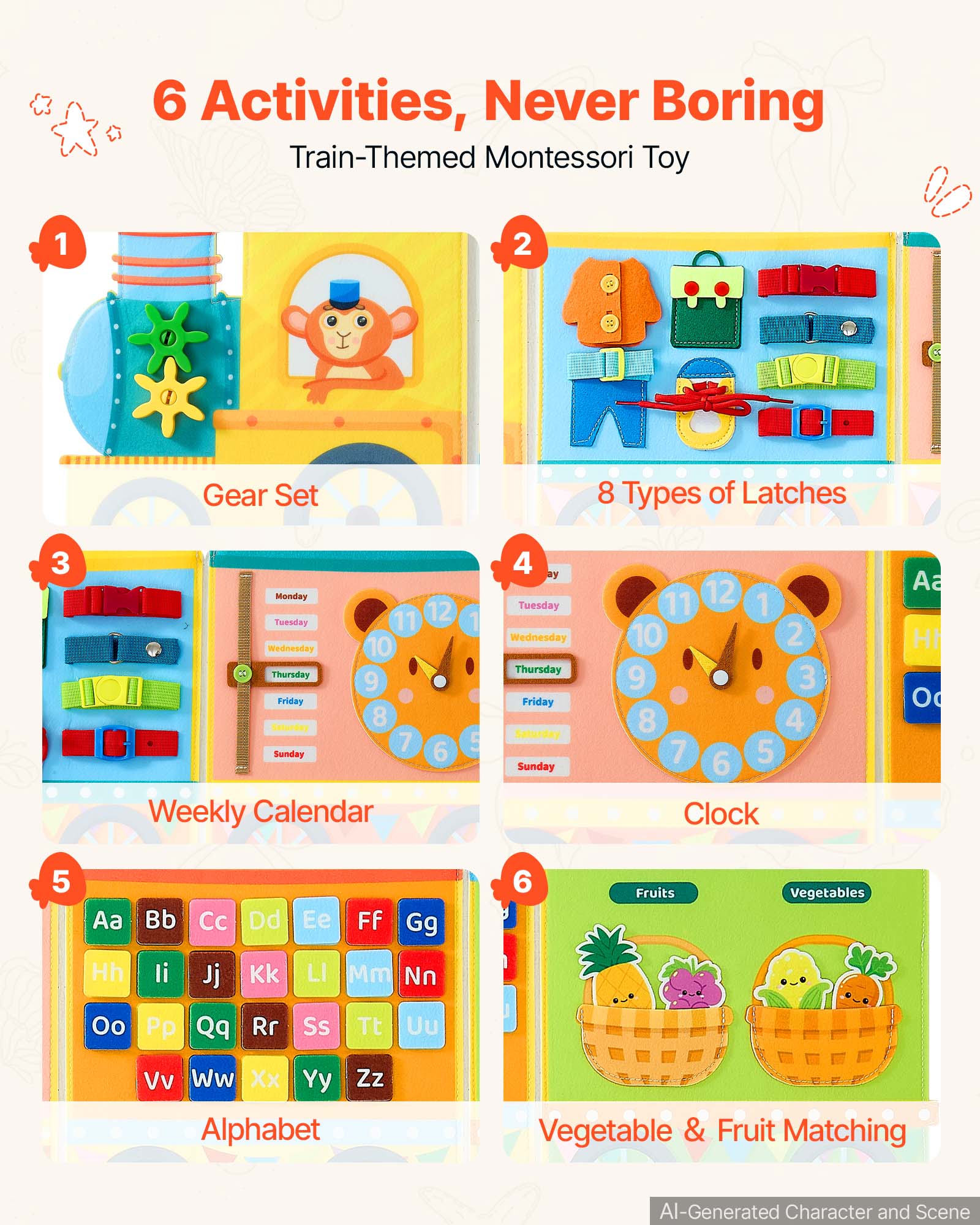 6 Activities, Never Boring Train-Themed Montessori Toy

1. Gear Set
2. 8 Types of Latches
3. Monday 12 Tuesday 11 Wednesday 10 Thursday 9 Friday 8 Saturday 7 6 Sunday Weekly Calendar
4. 1 5
5. ay Tuesday Wednesday Thursday Friday Saturday Sunday
6. 12 11 1 10 2 9 3 8 4 7 5 6 Clock
7. Aa H 
8. Aa
9. Bb
10. Cc
11. Dd
12. Ff
13. Gg
14. Fruits
15. Vegetables
16. Hh
17. il
18. Jj
19. Kk
20. LI
21. Mm Nn
22. Oo
23. Pp
24. Qq
25. Rr
26. Ss
27. Tt
28. Uu
29. Vv Ww Xx Yy Zz Alphabet
30. Vegetable & Fruit