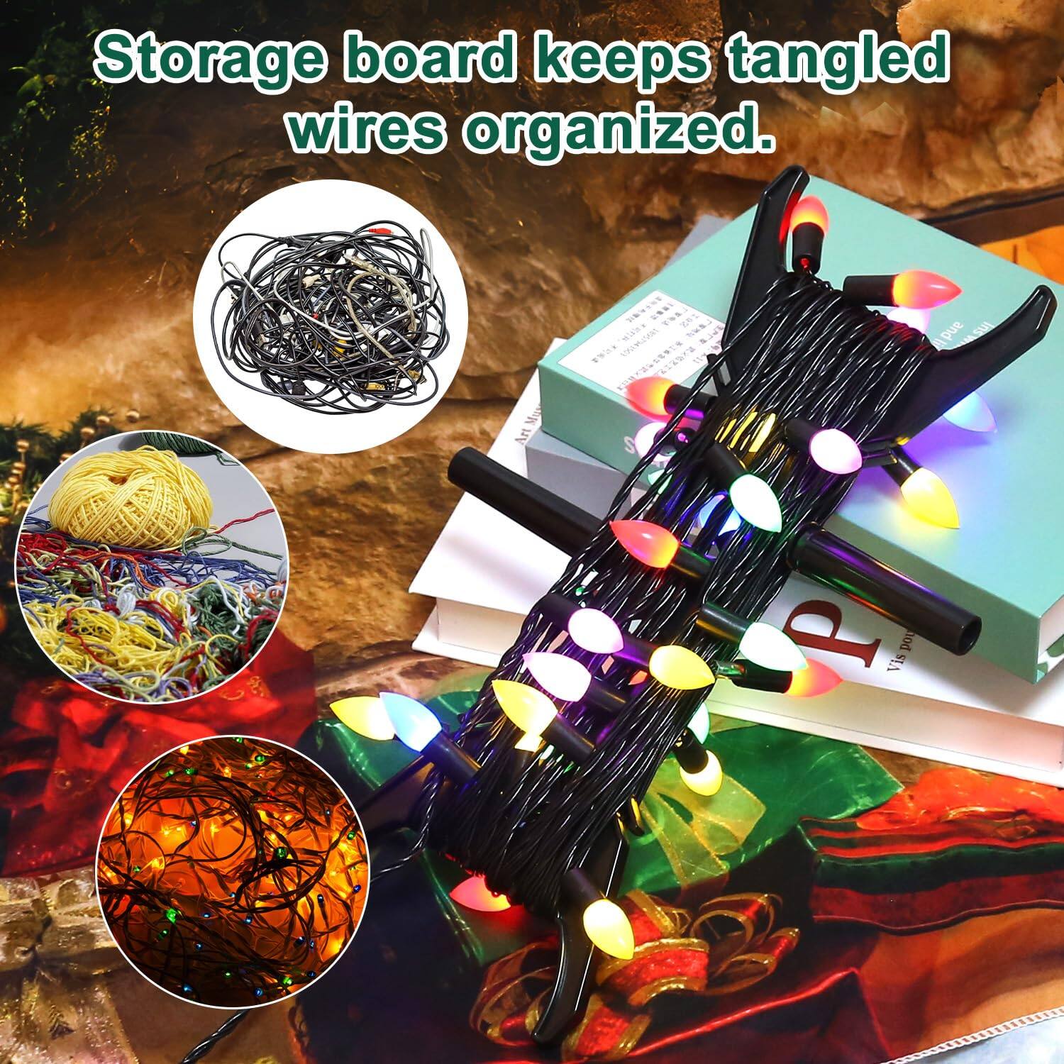 Storage board keeps tangled wires organized.