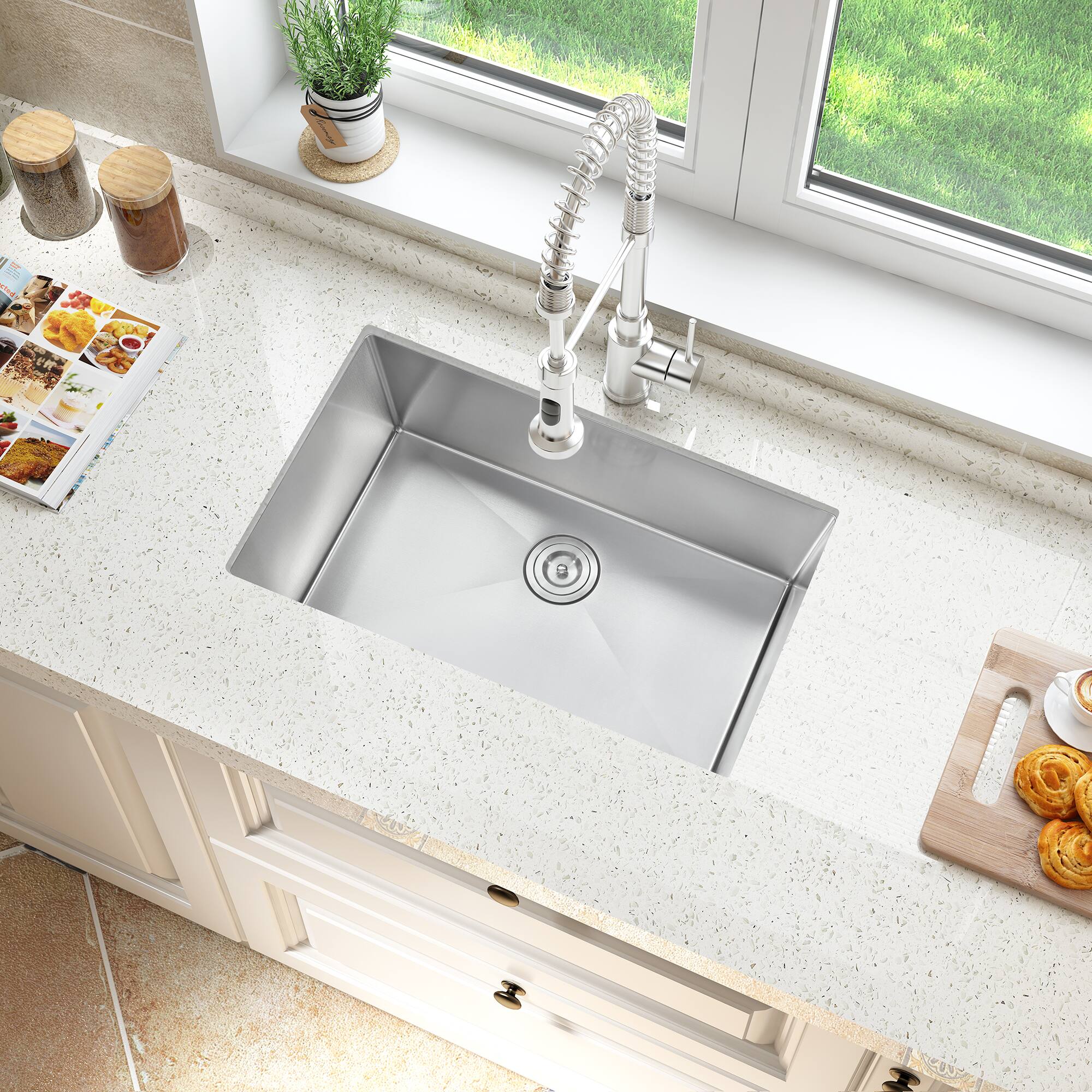 Angle. Akicon - Akicon 30 in. Undermount Single Bowl 20-Gauge Silver Nano Kitchen Sink with Basket Strainer - Silver.