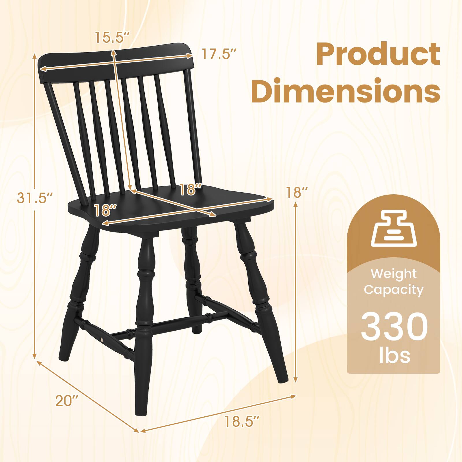 15.5" 17.5" Product Dimensions 31.5" 18" 18" 18" 18" Weight Capacity 330 lbs 20" 18.5"