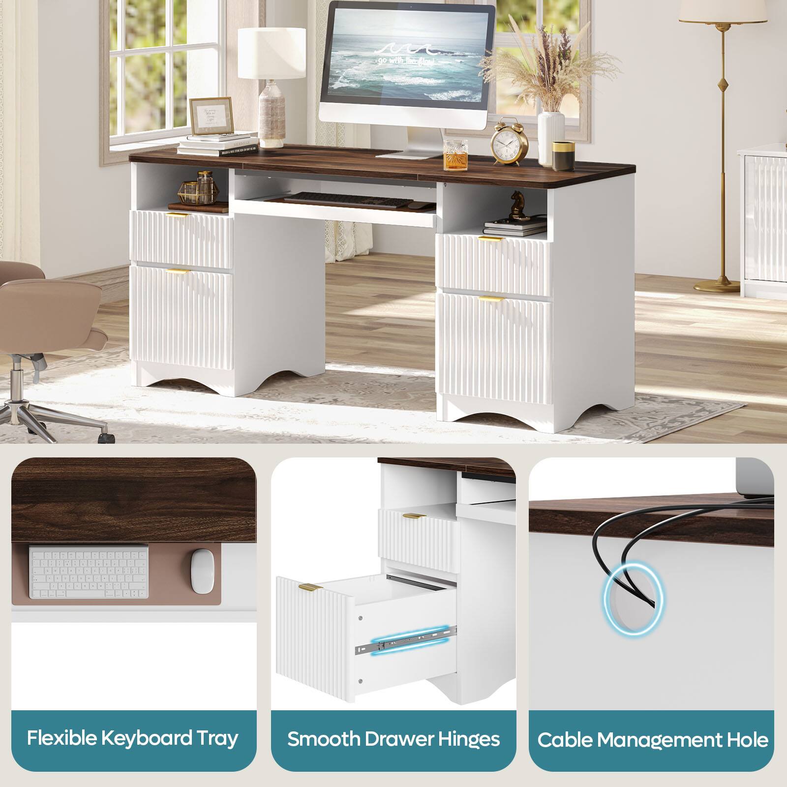 The image shows a desk with a computer monitor, keyboard, and mouse. The desk also has a clock and a vase on it. The desk is described as having a flexible keyboard tray, smooth drawer hinges, and a cable management hole.