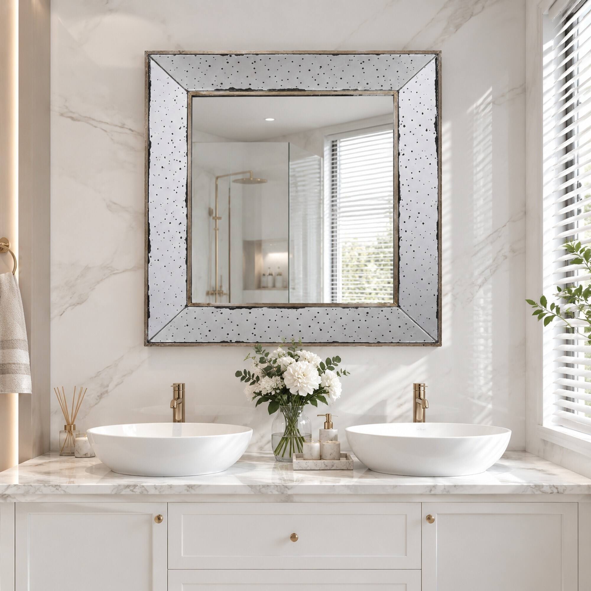Back. RYHNUYNE - 18.1 in Square Accent Mirror, Distressed Silver Frame, Traditional Wall Decor for Living Room, Bedroom, Entryway - Silver.
