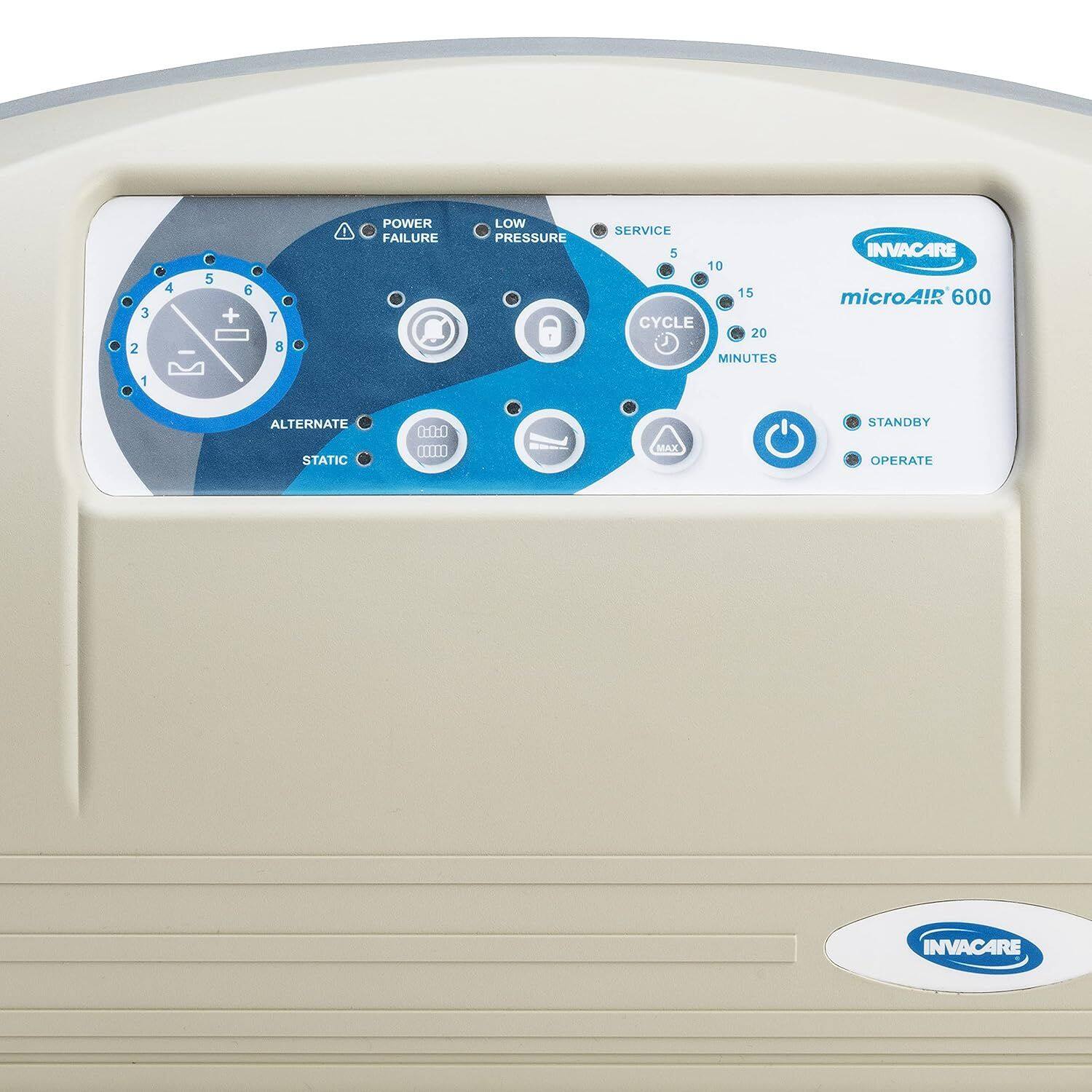 3 2 4 5 o + . 7 8 d POWER FAILURE LOW PRESSURE SERVICE 5 10 15 CYCLE 20 MINUTES INVACARE microAIR 600 ID 600 ALTERNATE STATIC MAX STANDBY OPERATE